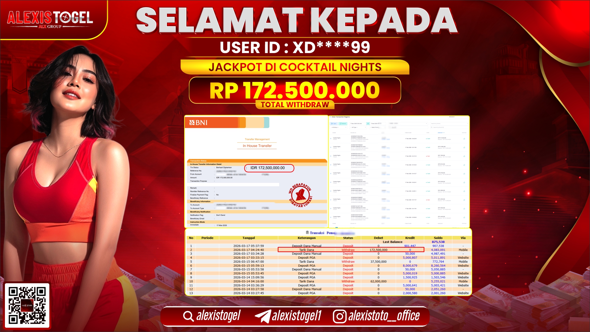 ALEXISTOGEL di SLOT COCKTAIL NIGHTS RP.172.500.000,- LUNAS