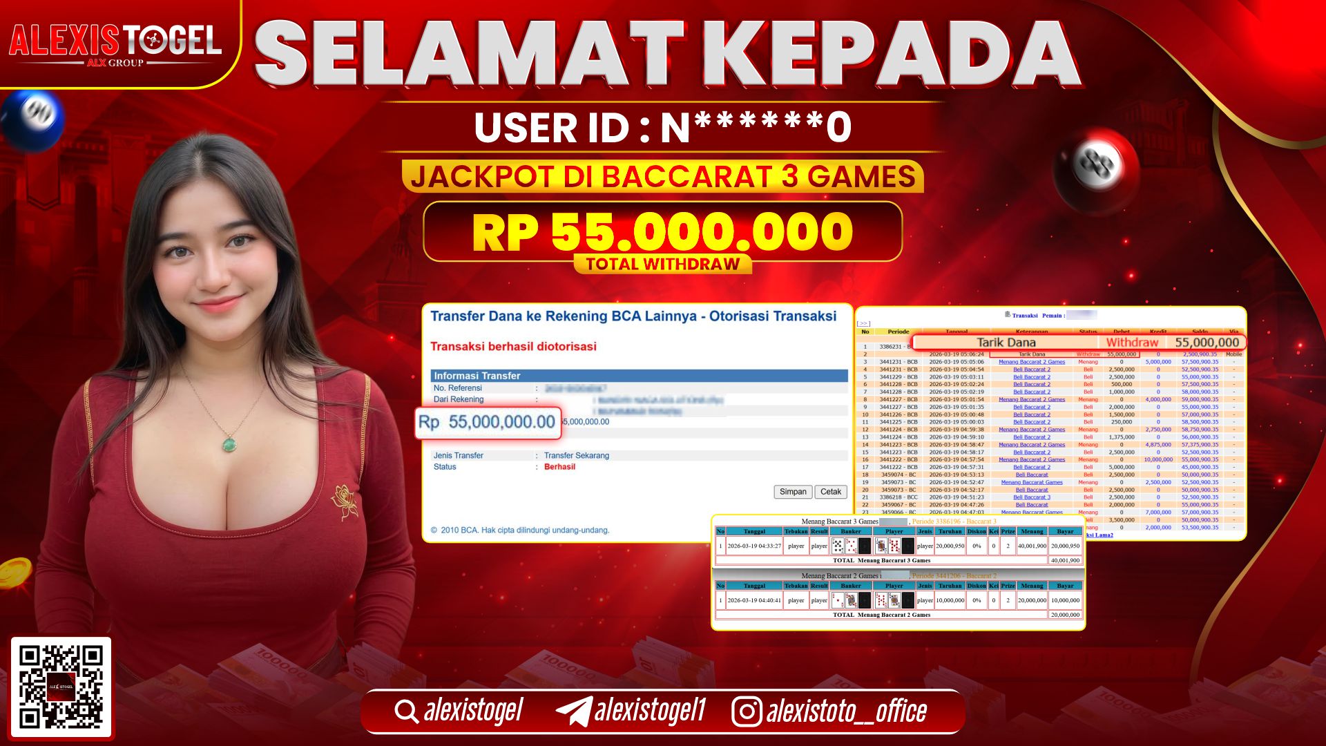 ALEXISTOGEL di Jackpot di CASINO BACCARAT 3 GAMES RP.55.000.000,- LUNAS
