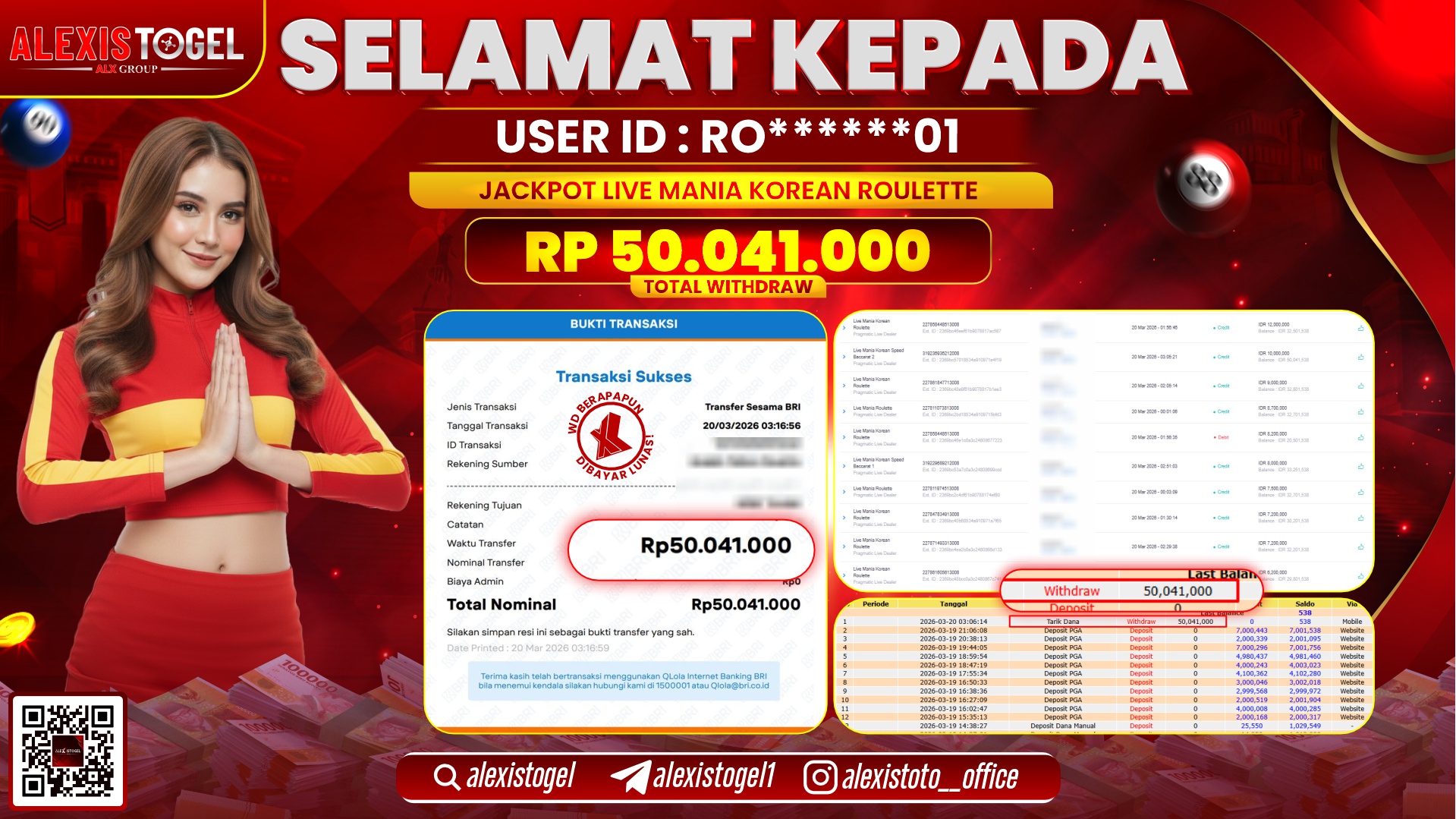 ALEXISTOGEL di Jackpot di LIVE MANIA KOREAN ROULETTE RP.50.041.000,- LUNAS