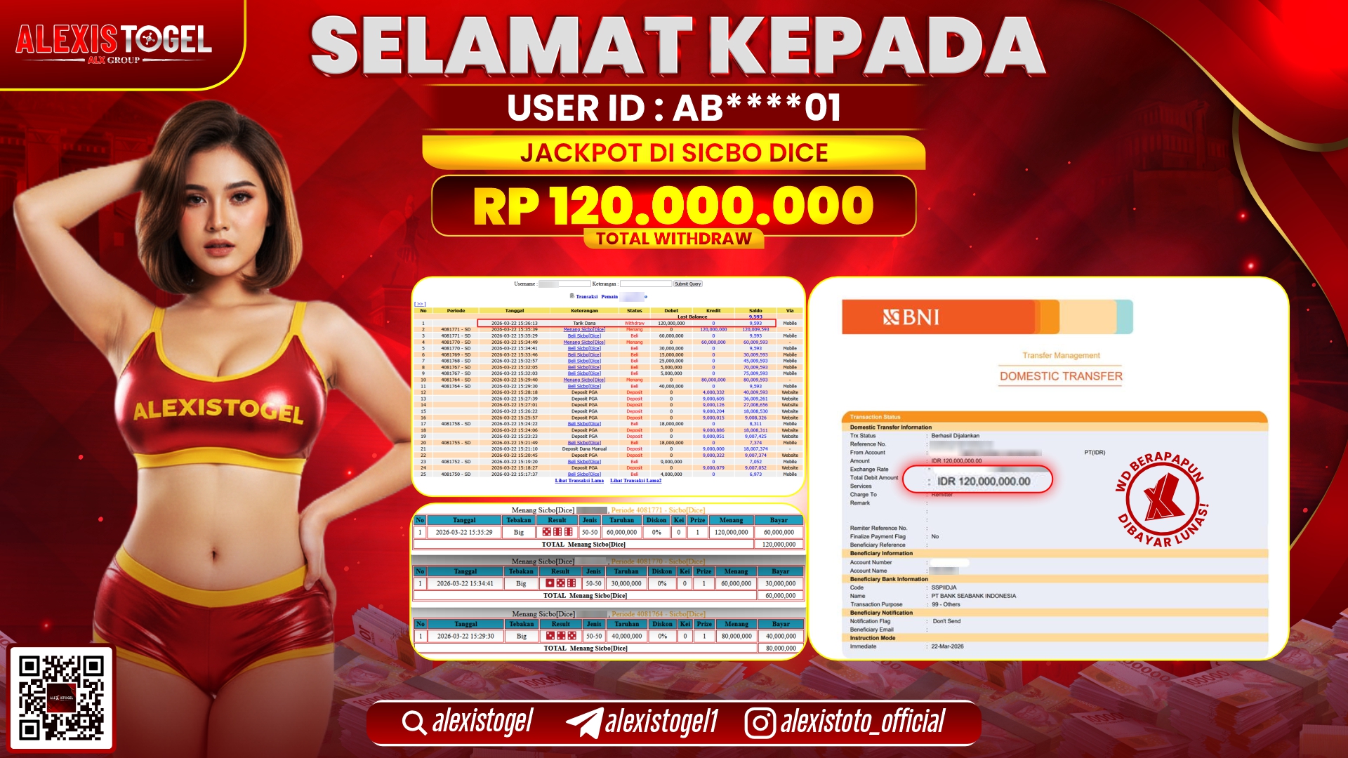 ALEXISTOGEL di Jackpot di CASINO SICBO DICE RP.120.000.000,- LUNAS