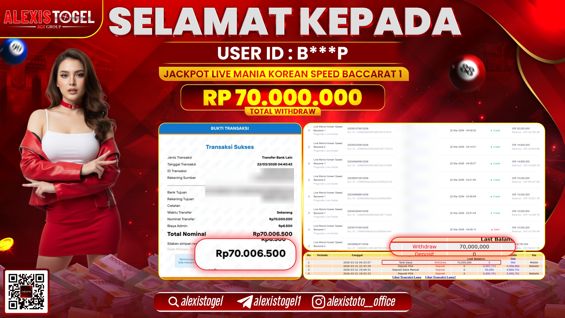 ALEXISTOGEL di Jackpot di LIVE MANIA KOREAN SPEED BACCARAT 1 RP.70.000.000,- LUNAS