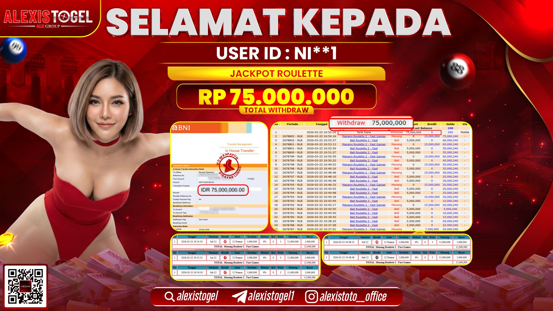 ALEXISTOGEL di Jackpot di CASINO ROULETTE RP.75.000.000,- LUNAS