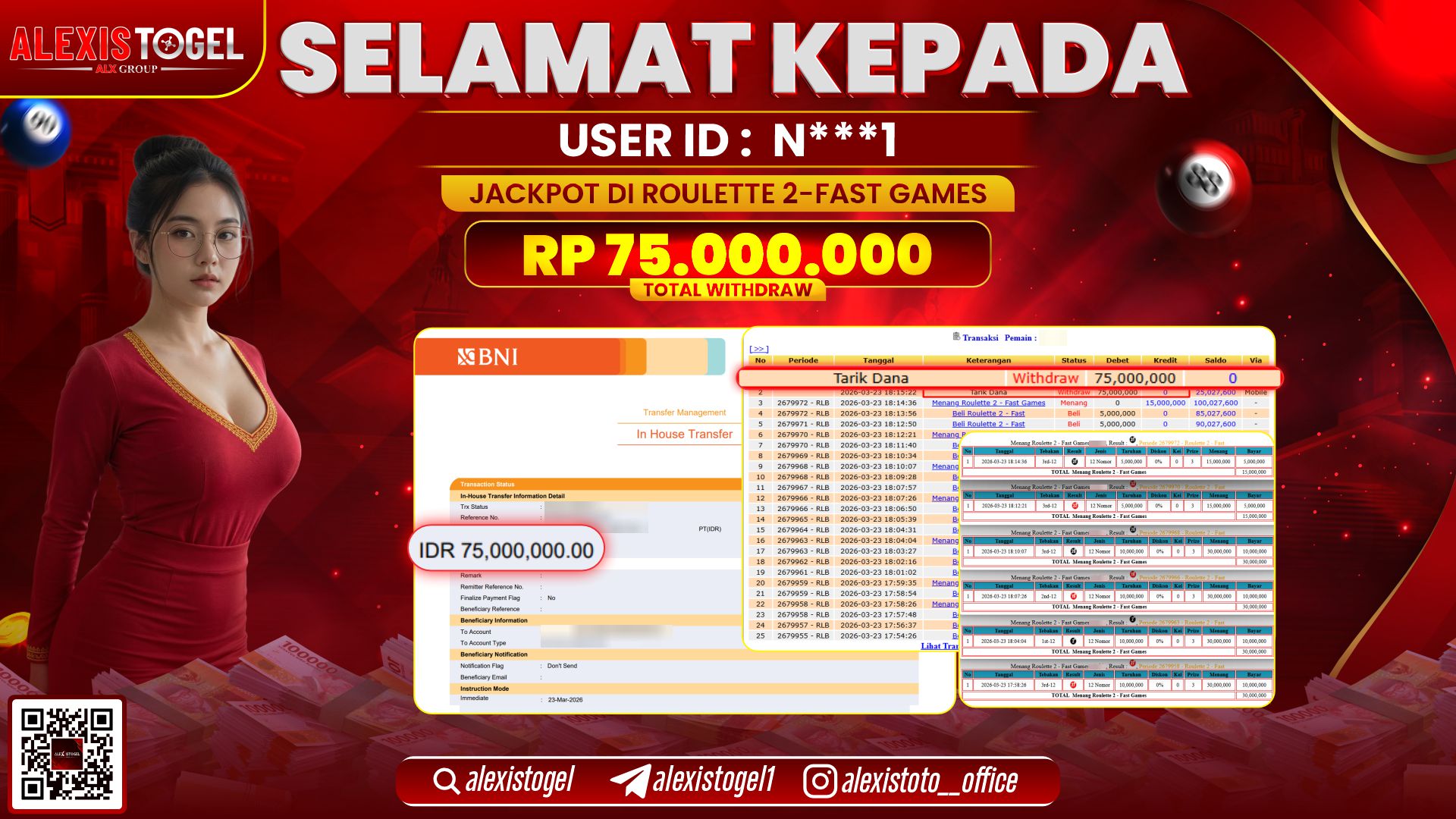 ALEXISTOGEL di Jackpot di CASINO GAME ROULETTE 2-FAST RP.75.000.000- LUNAS