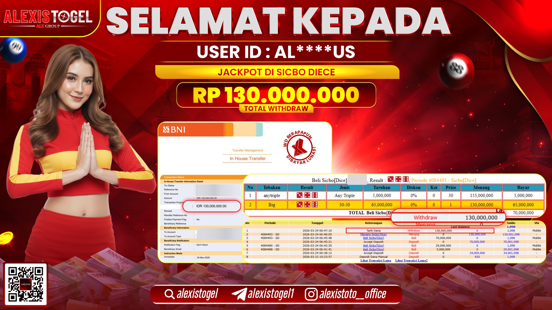 ALEXISTOGEL di Jackpot di CASINO SICBO DICE RP.130.000.000,- LUNAS