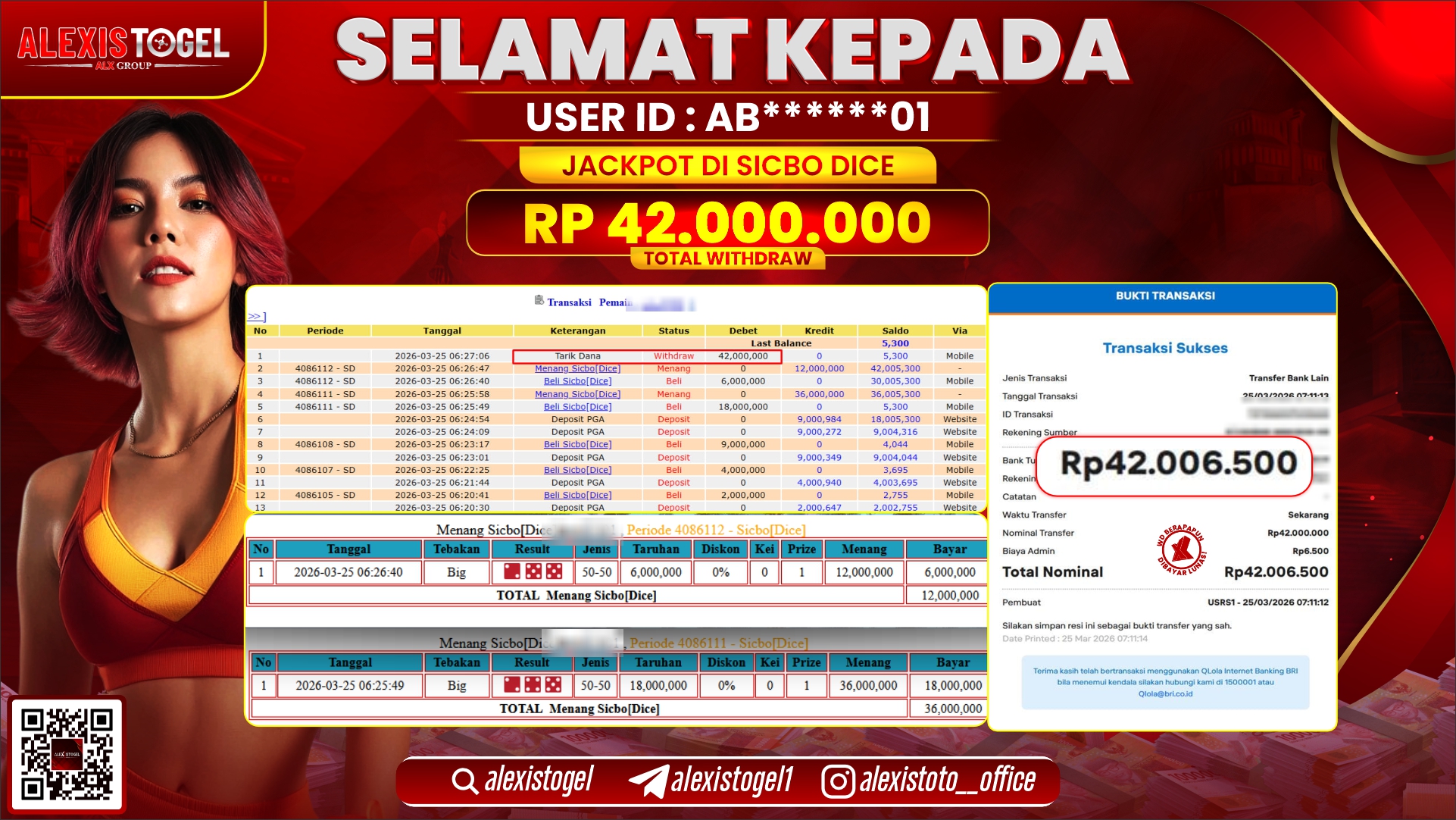ALEXISTOGEL di Jackpot di CASINO SICBO DICE RP.42.000.000,- LUNAS