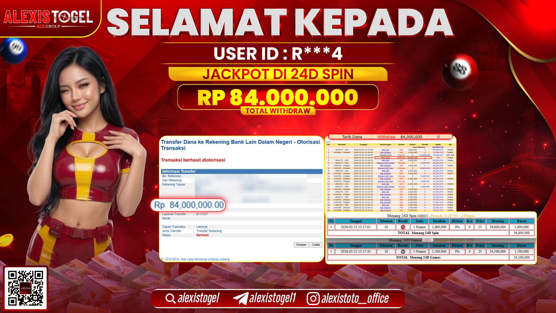 ALEXISTOGEL di Jackpot di CASINO 24D SPIN RP.84.000.000,- LUNAS