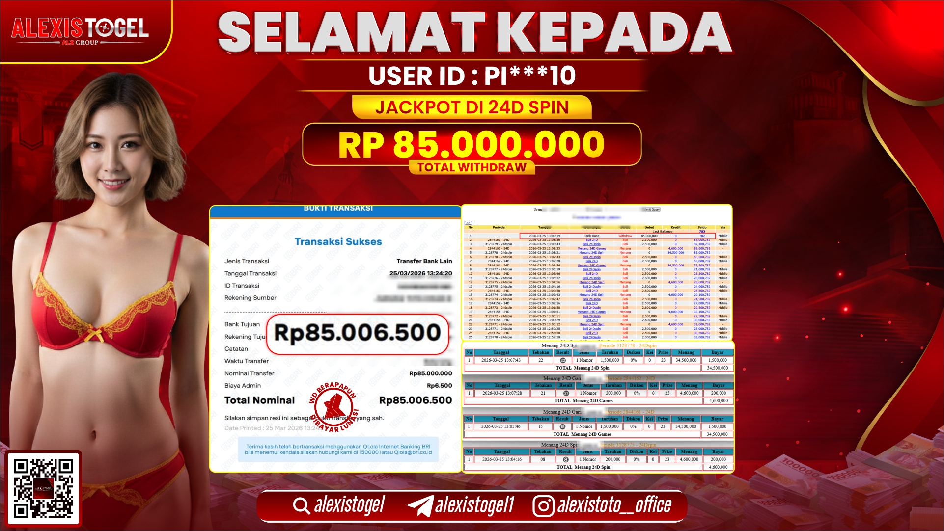 ALEXISTOGEL di Jackpot di CASINO 24D SPIN RP.85.000.000,- LUNAS