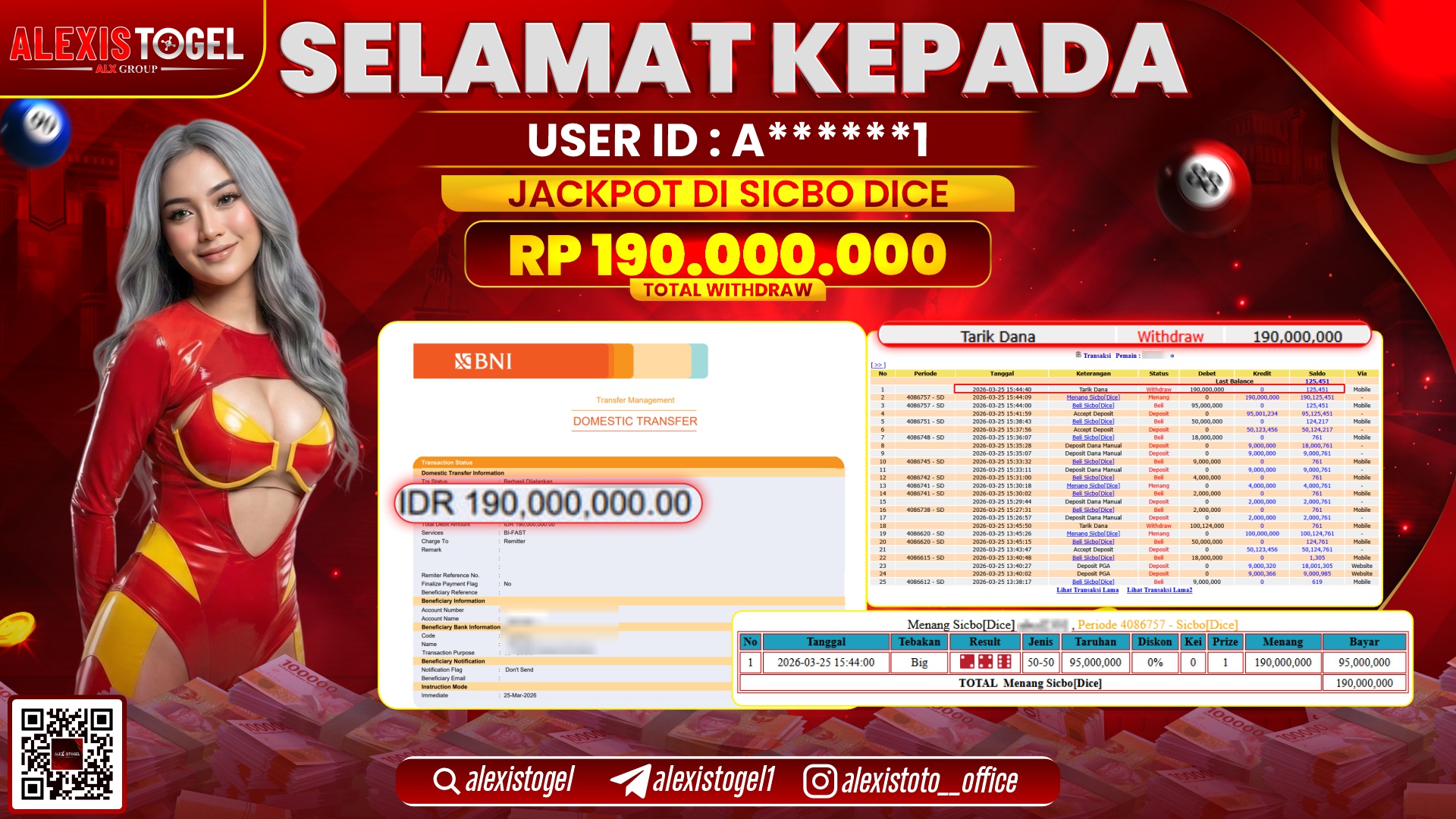ALEXISTOGEL di Jackpot di CASINO SICBO DICE RP.190.000.000,- LUNAS