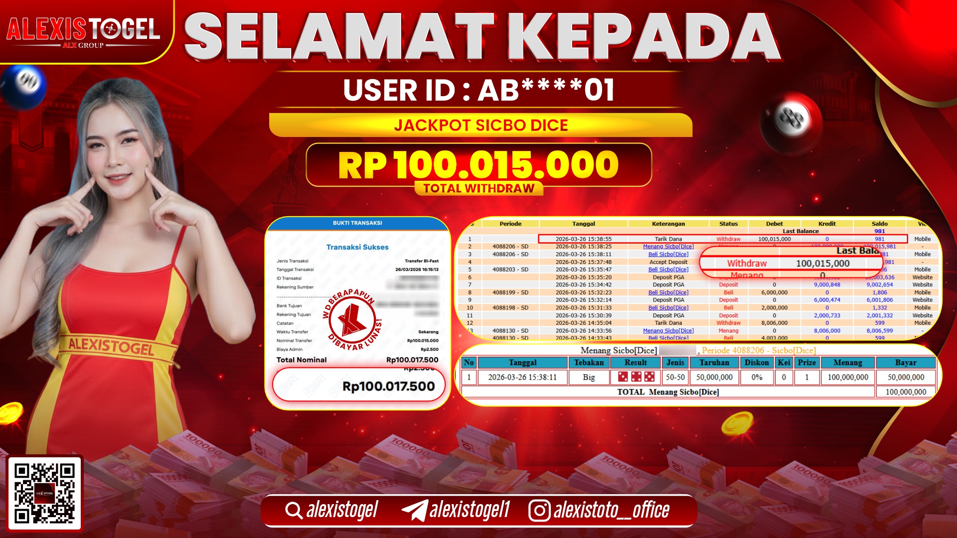 ALEXISTOGEL di Jackpot di CASINO GAME SICBO DICE RP.100.015.000,- LUNAS