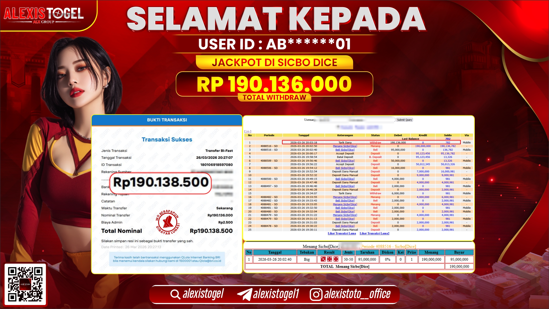 ALEXISTOGEL di Jackpot di CASINO GAME SICBO DICE RP.190.136.000,- LUNAS