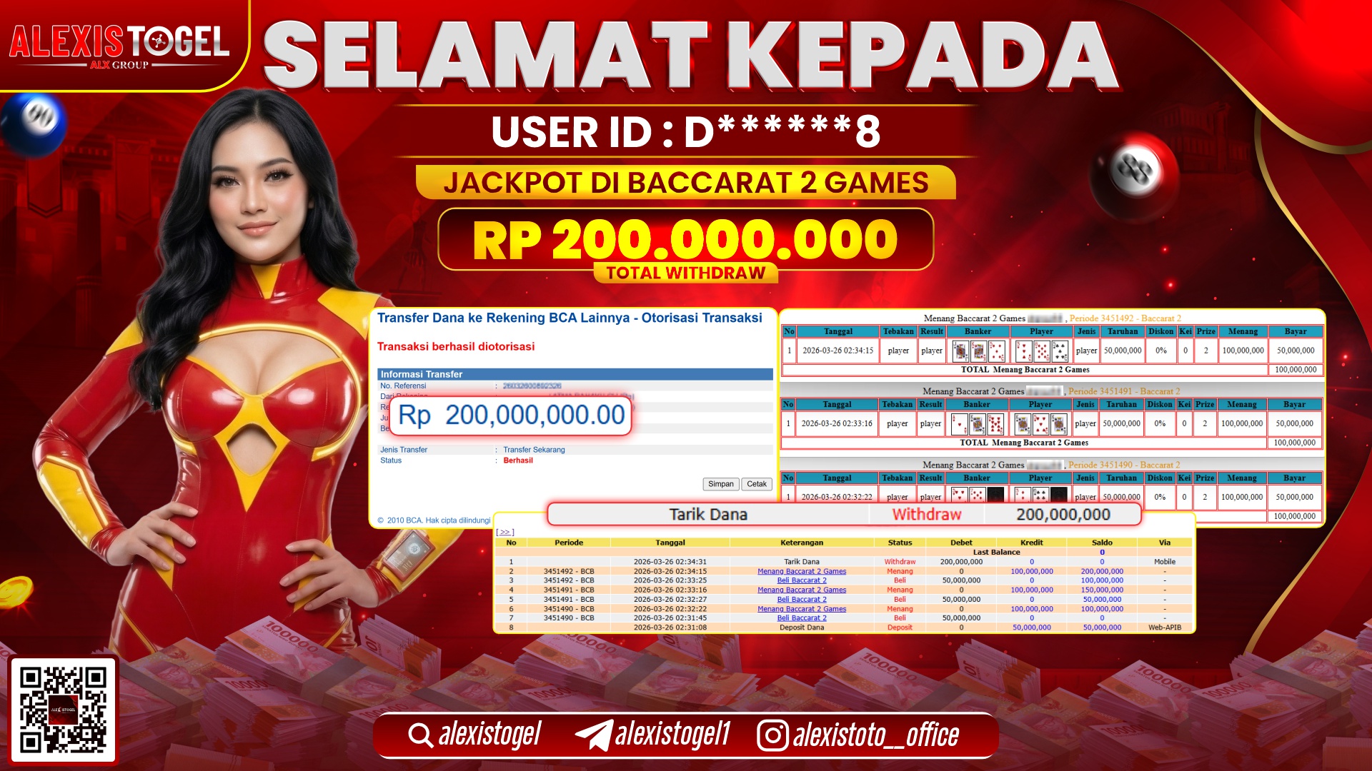 ALEXISTOGEL di Jackpot di CASINO GAME BACCARAT 2 RP.200.000.000,- LUNAS
