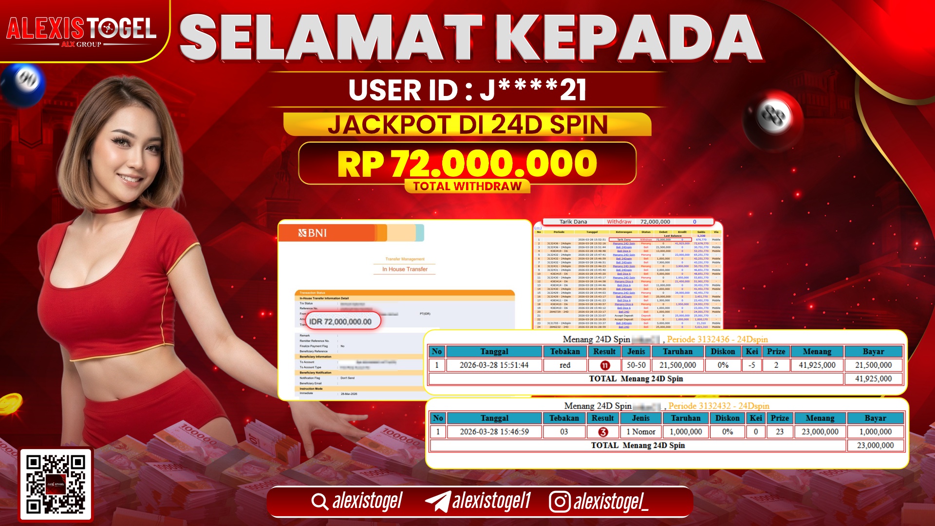 ALEXISTOGEL di Jackpot di CASINO 24D SPIN RP.72.000.000,- LUNAS 
