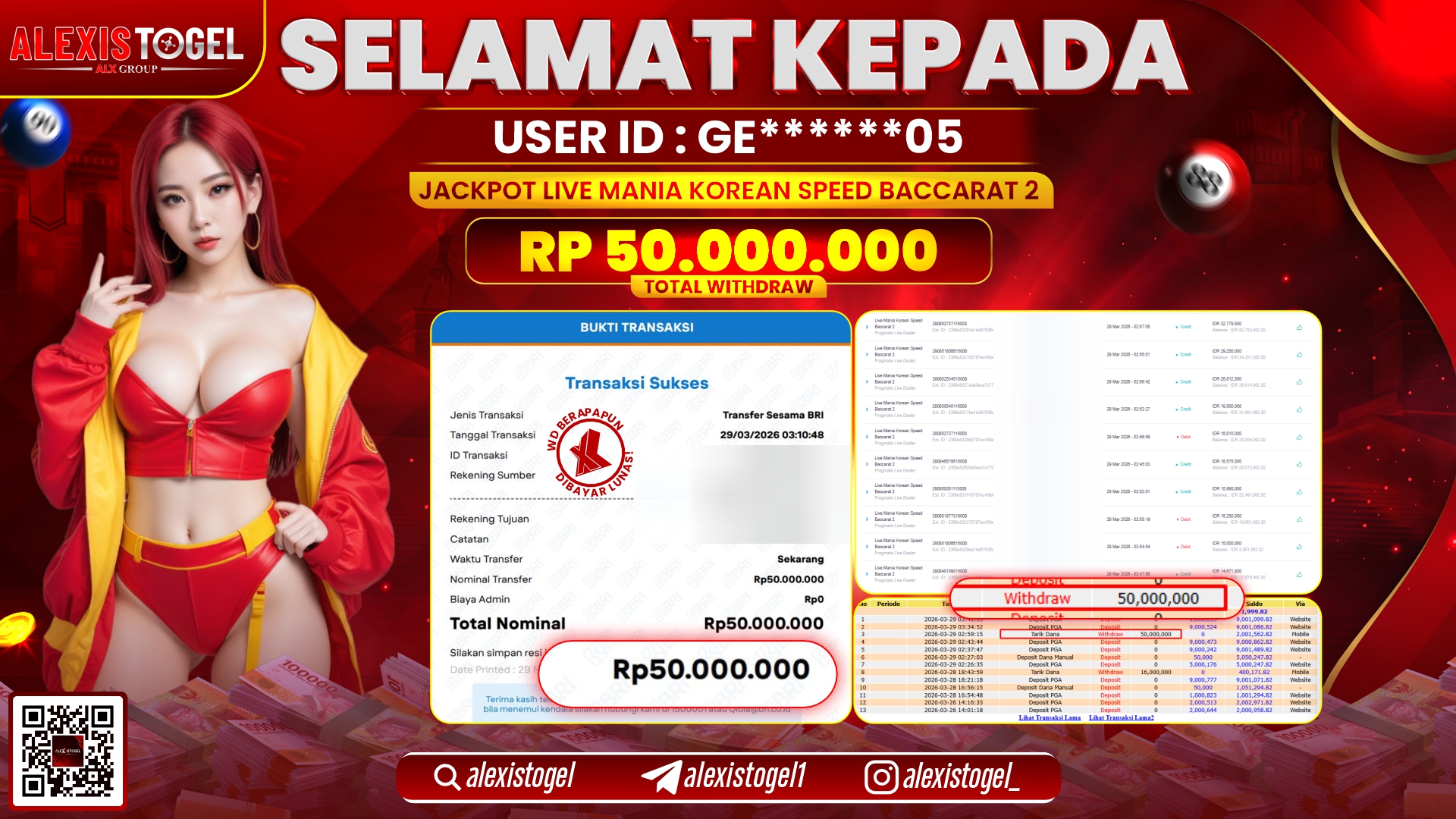 ALEXISTOGEL di Jackpot di LIVE MANIA KOREAN SPEED BACCARAT 2 RP.50.000.000,- LUNAS 