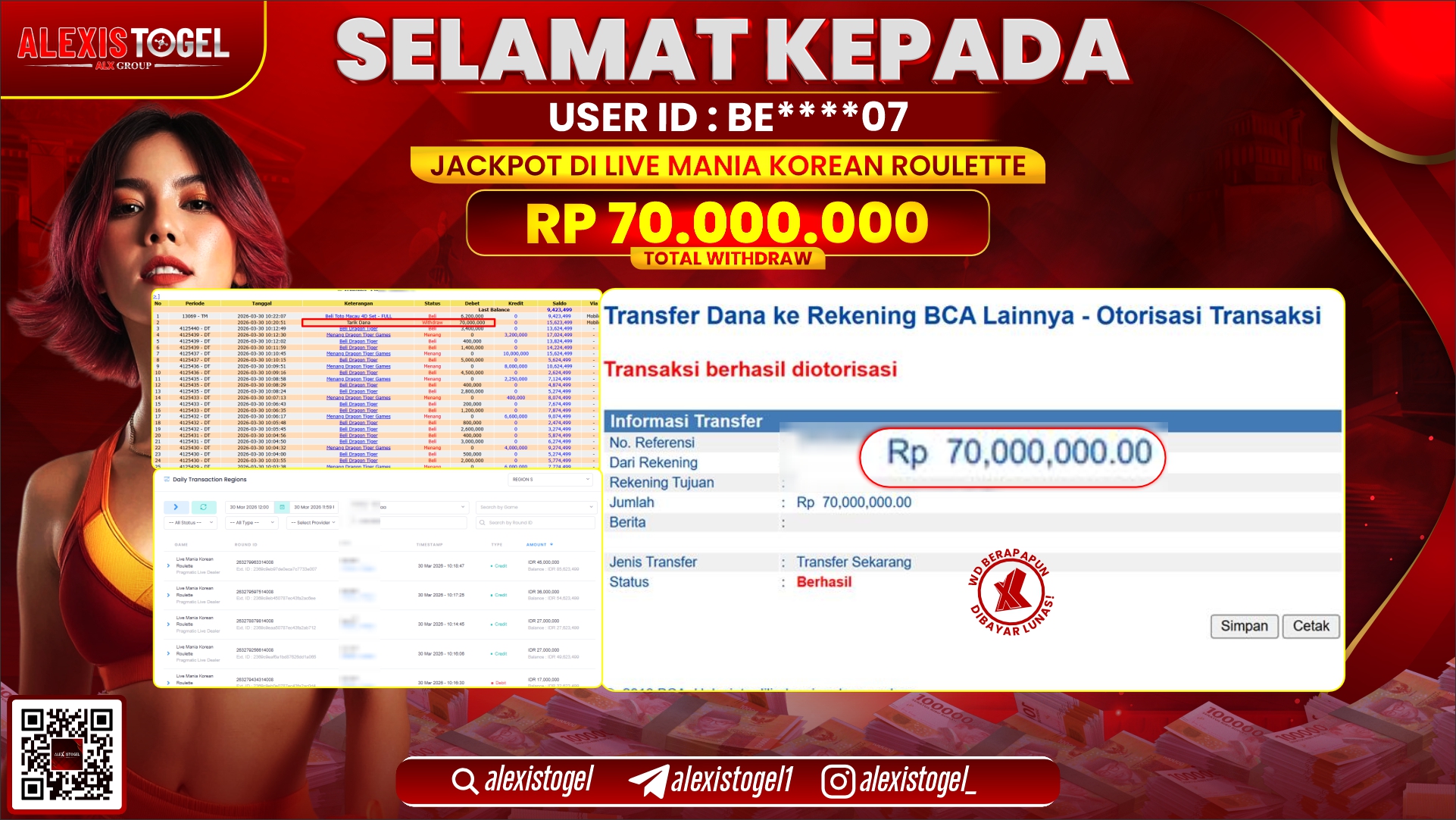 ALEXISTOGEL di Jackpot di LIVE MANIA KOREAN ROULETTE RP.70.000.000,- LUNAS 