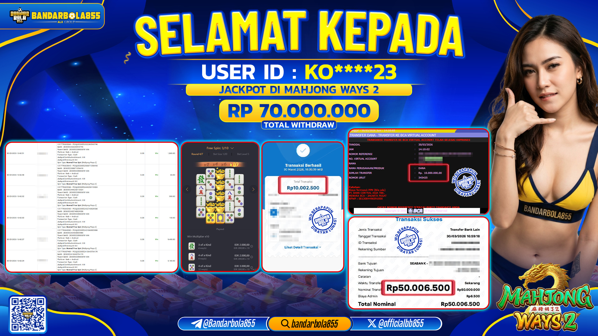 🎖 JACKPOT BANDARBOLA855 di MAHJONG WAYS 2 Rp70.000.000🎖