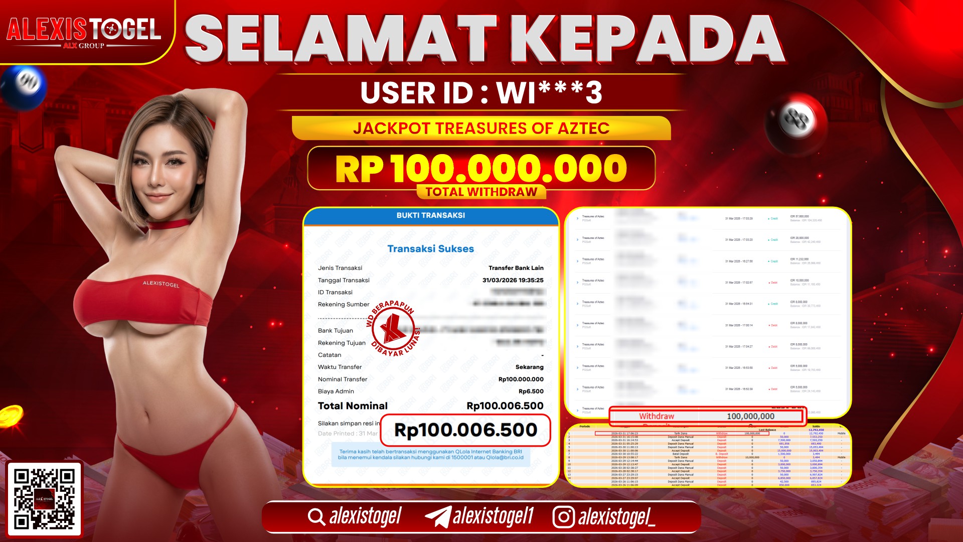 ALEXISTOGEL di Jackpot di SLOT TREASURES OF AZTEC RP.100.000.000,- LUNAS 