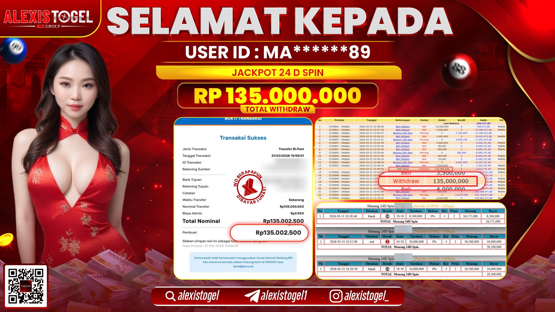 ALEXISTOGEL di Jackpot di CASINO 24D SPIN RP.135.000.000,- LUNAS 