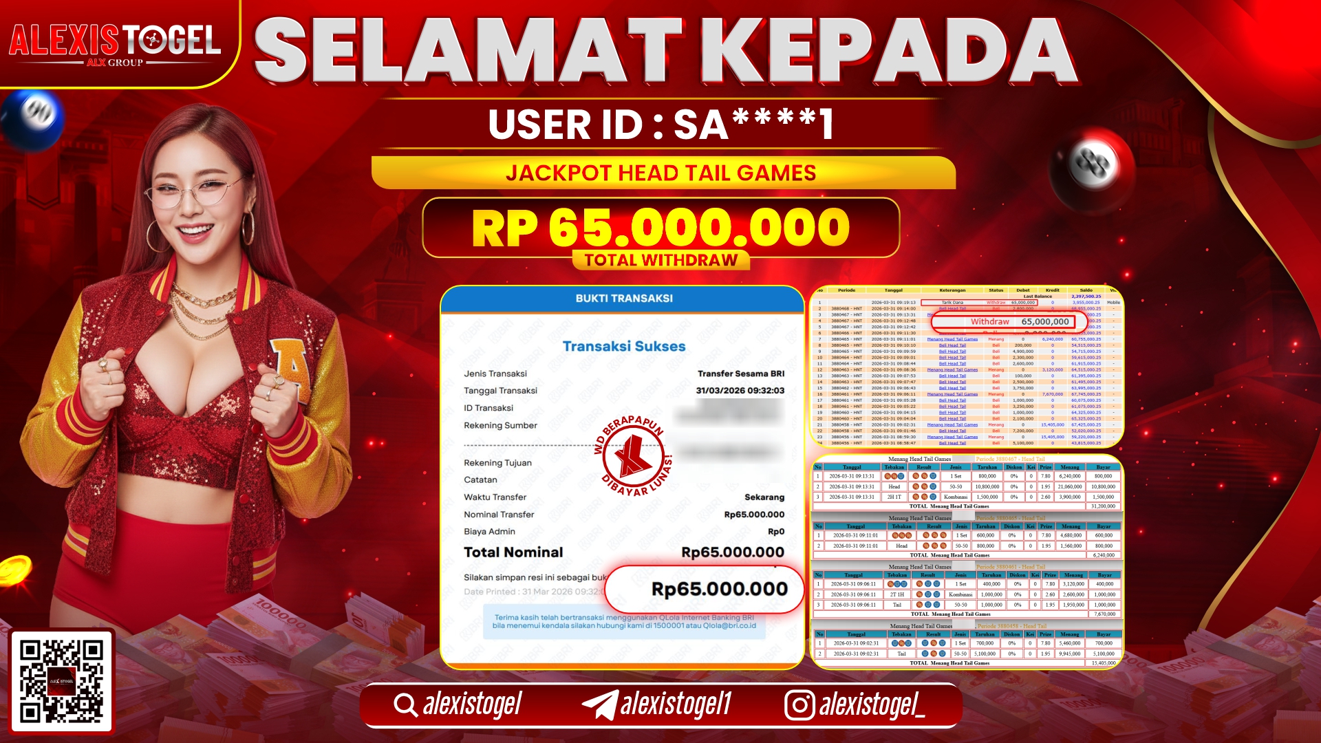 ALEXISTOGEL di Jackpot di CASINO HEAD TAIL GAMES RP.65.000.000,- LUNAS 