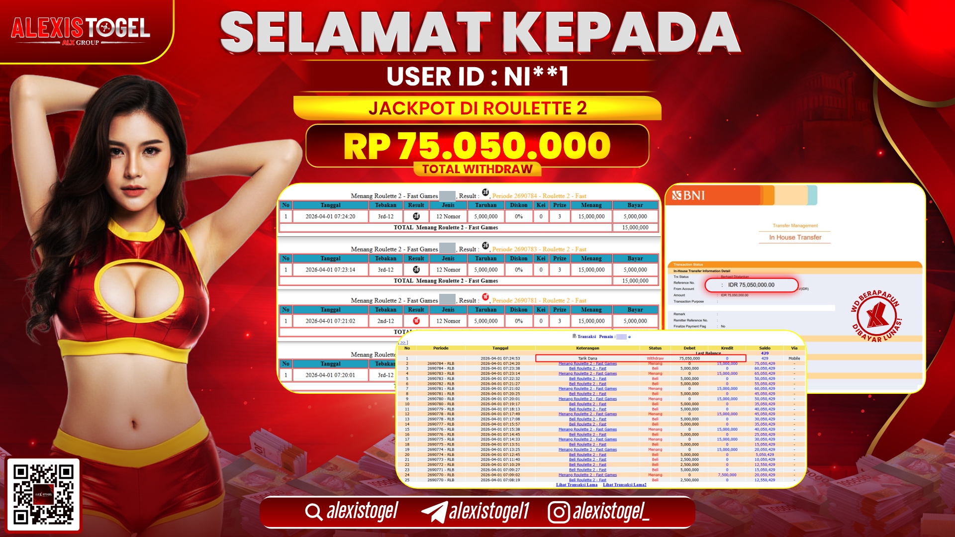 ALEXISTOGEL di Jackpot di CASINO ROULETTE 2 RP.75.050.000,- LUNAS 