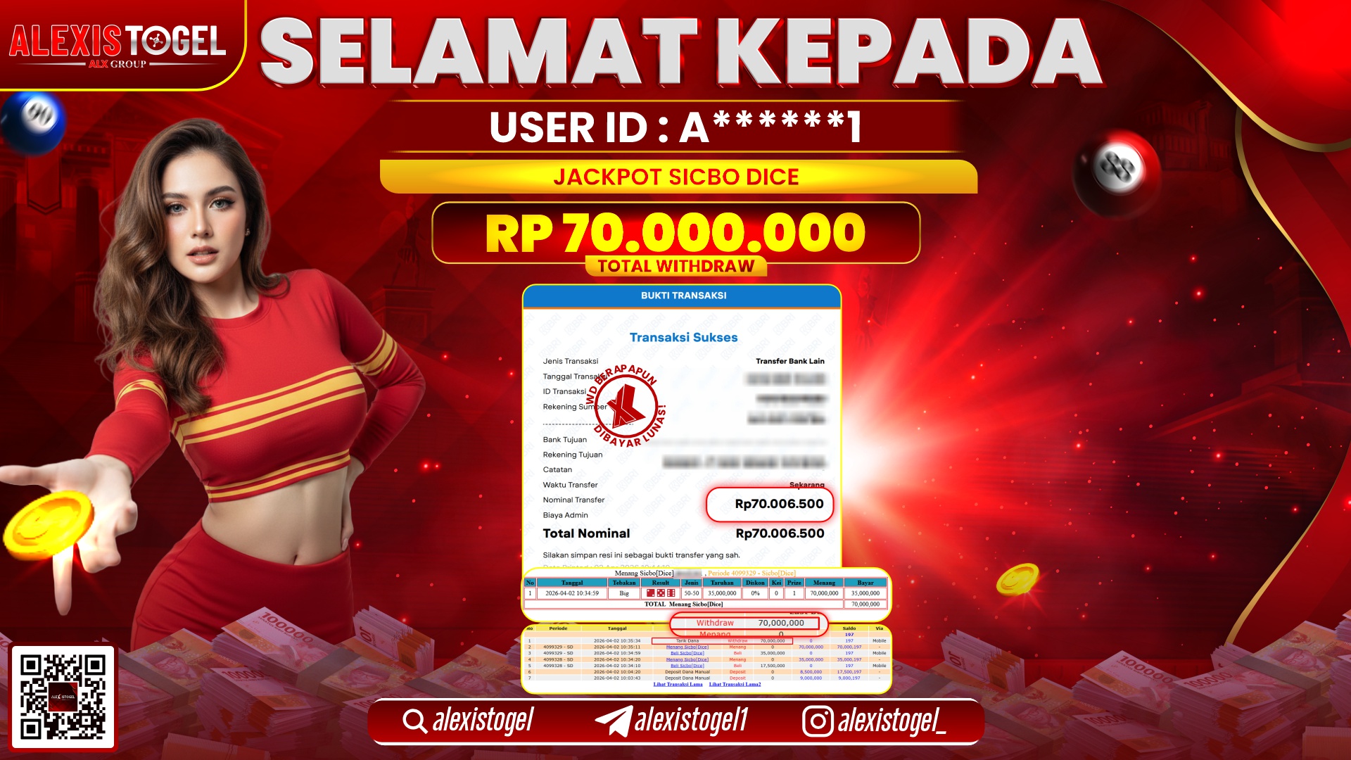 ALEXISTOGEL di Jackpot di CASINO SICBO DICE RP.70.000.000,- LUNAS 