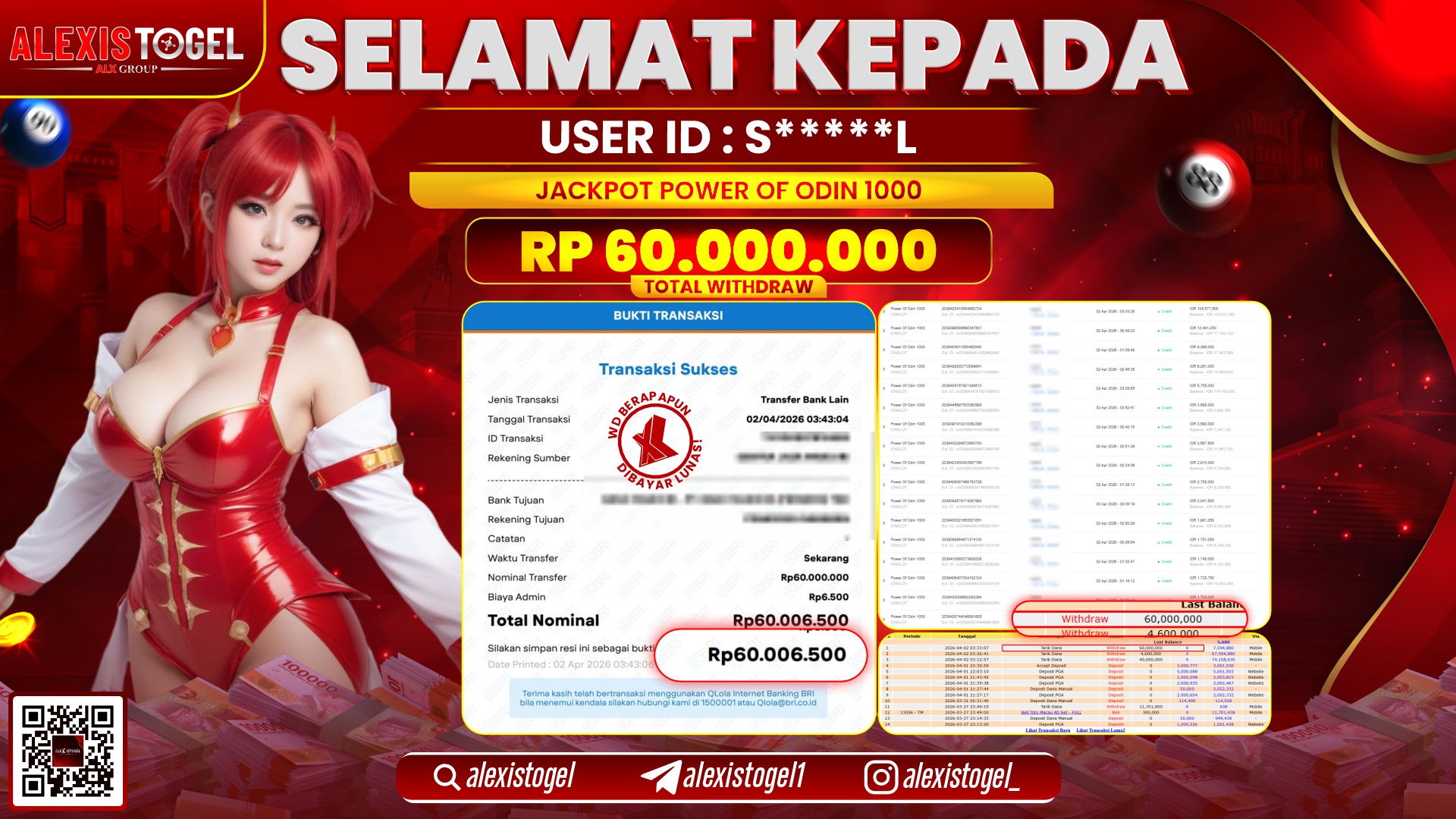 ALEXISTOGEL di Jackpot di SLOT POWER OF ODIN 1000 RP.60.000.000,- LUNAS 