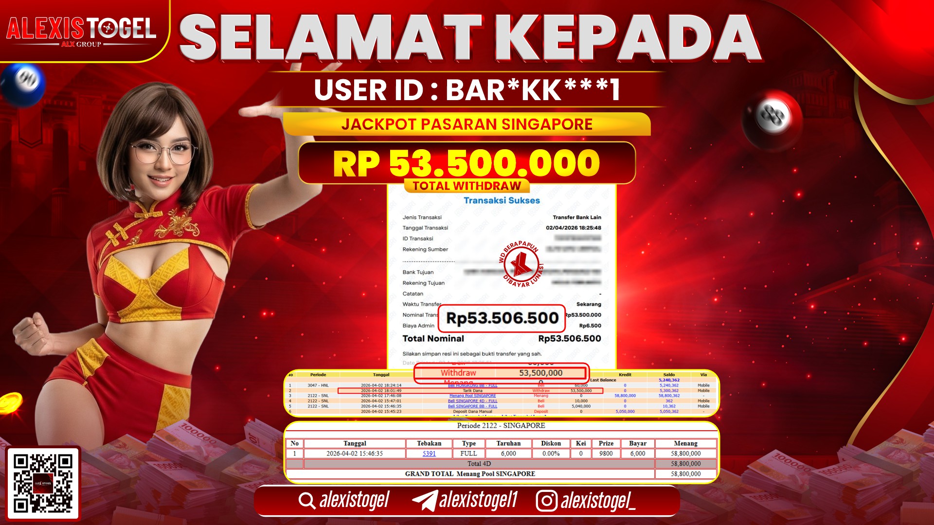 ALEXISTOGEL di Jackpot di TOGEL SINGAPORE RP.53.500.000,- LUNAS 