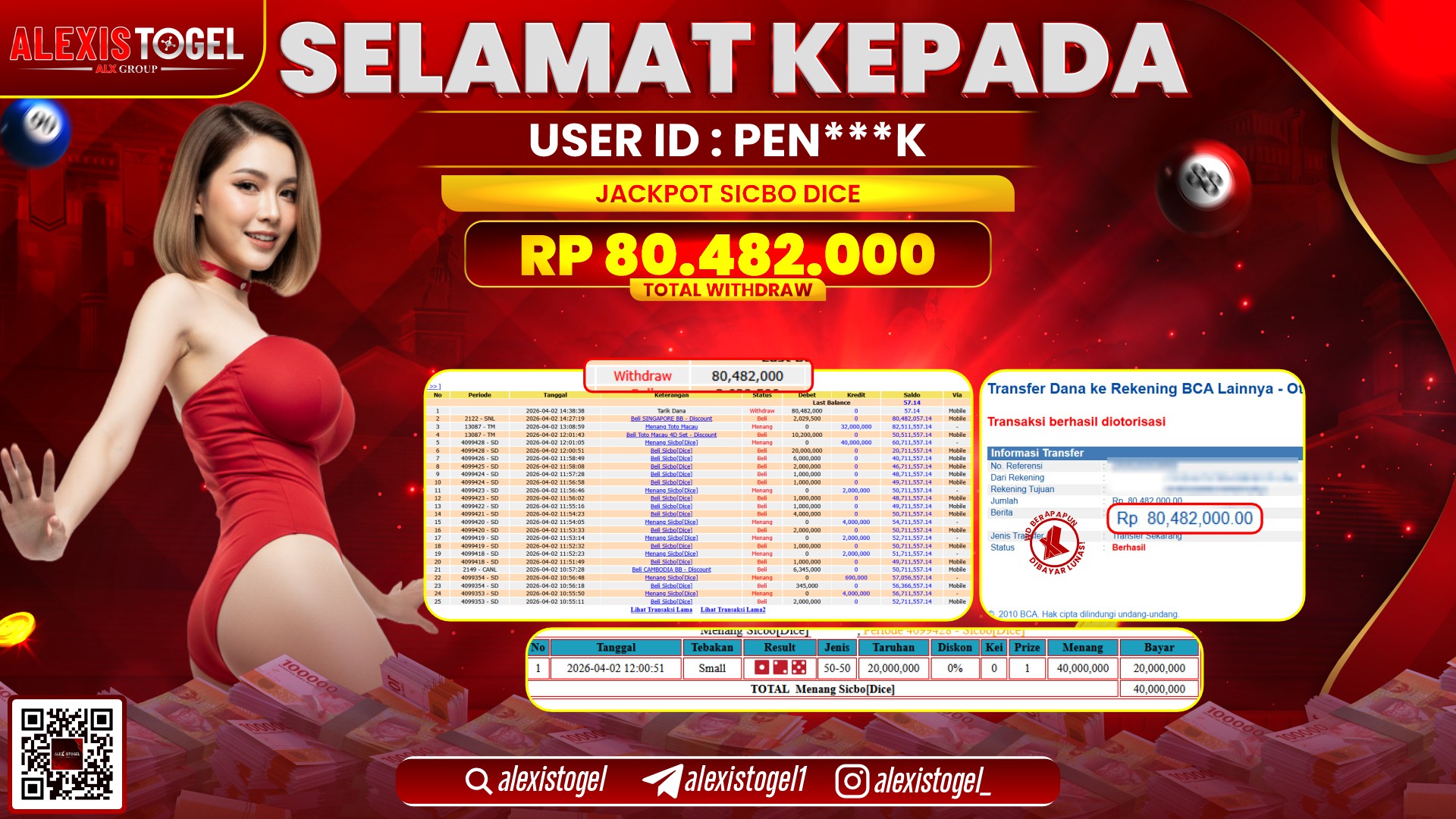 ALEXISTOGEL di Jackpot di CASINO SICBO DICE RP.80.482.000,- LUNAS 