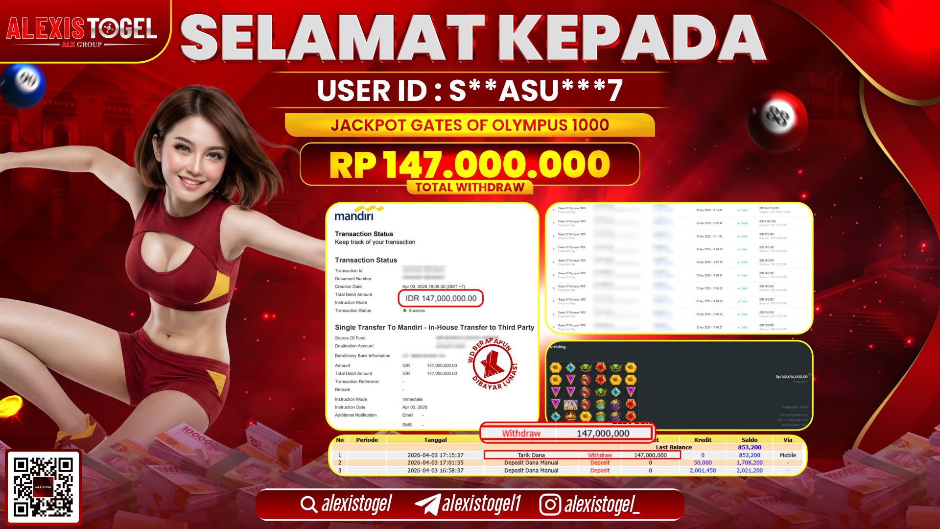 ALEXISTOGEL di Jackpot di SLOT GATES OF OLYMPUS 1000 RP.147.000.000,- LUNAS 