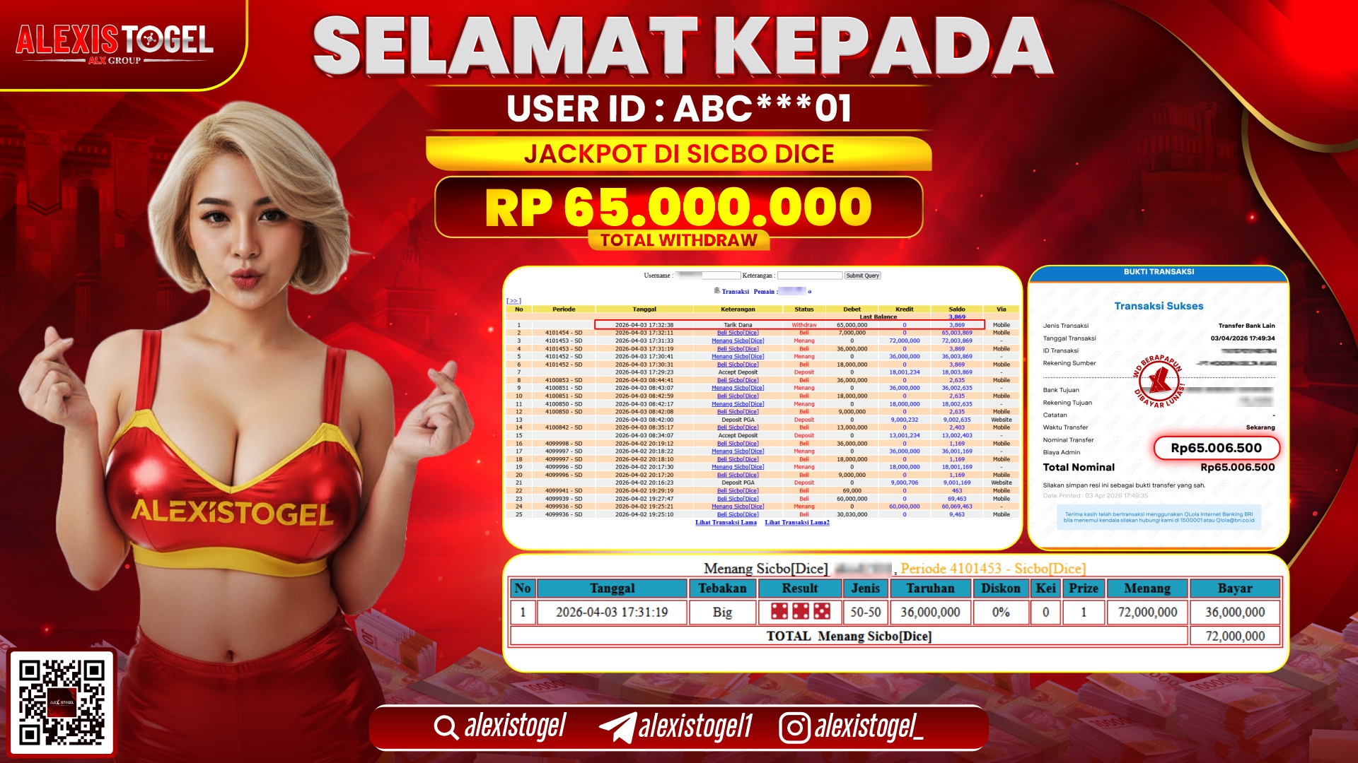 ALEXISTOGEL di Jackpot di CASINO SICBO DICE RP.65.000.000,- LUNAS 