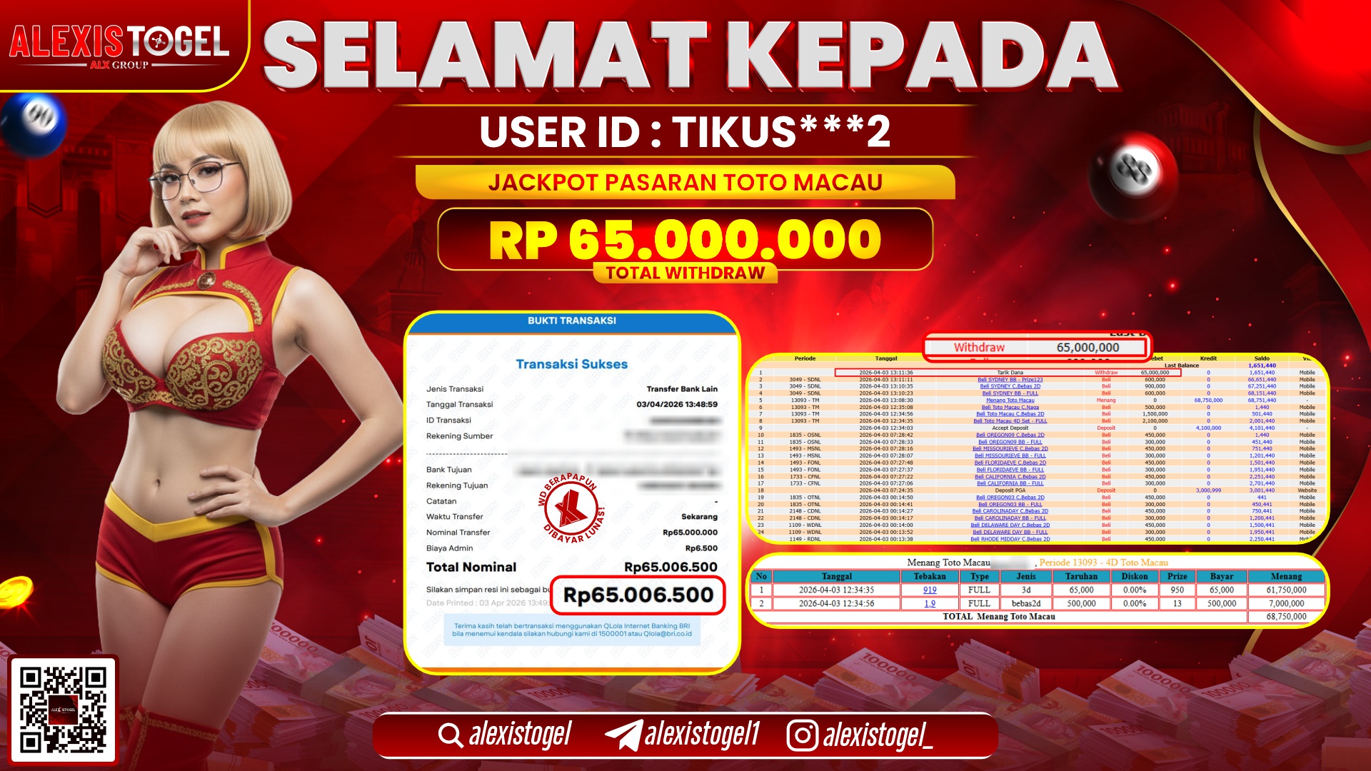 ALEXISTOGEL di Jackpot di TOGEL TOTO MACAU RP.65.000.000,- LUNAS 