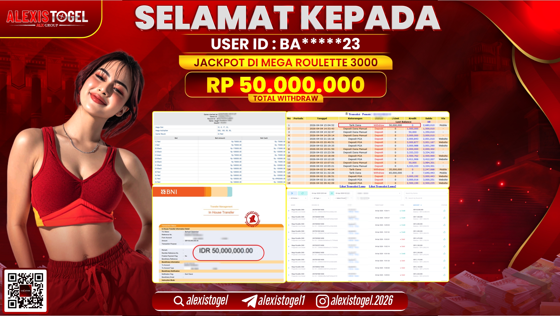 ALEXISTOGEL di Jackpot di PPLD MEGA ROULETTE 3000 RP.50.000.000,- LUNAS 