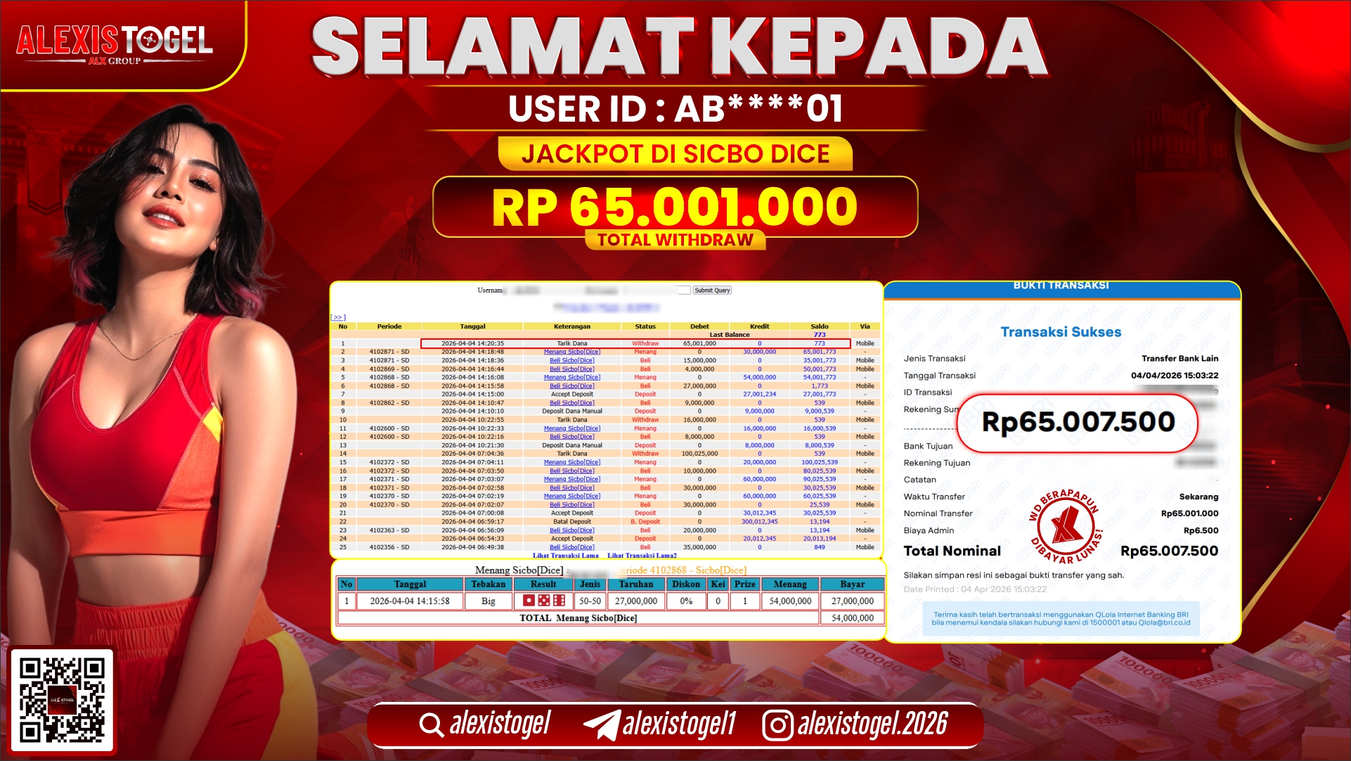 ALEXISTOGEL di Jackpot di CASINO SICBO DICE RP.65.001.000,- LUNAS 