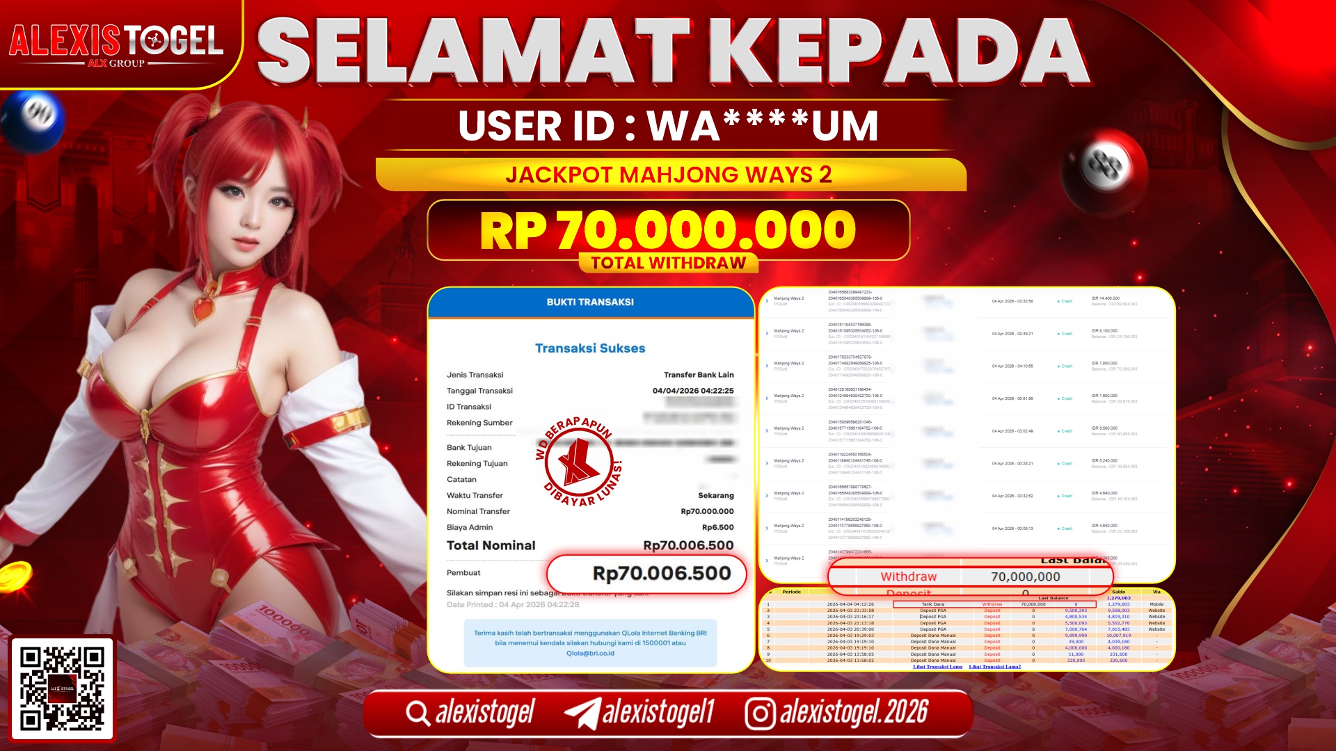 ALEXISTOGEL di Jackpot di SLOT MAHJONG WAYS 2 RP.70.000.000,- LUNAS 