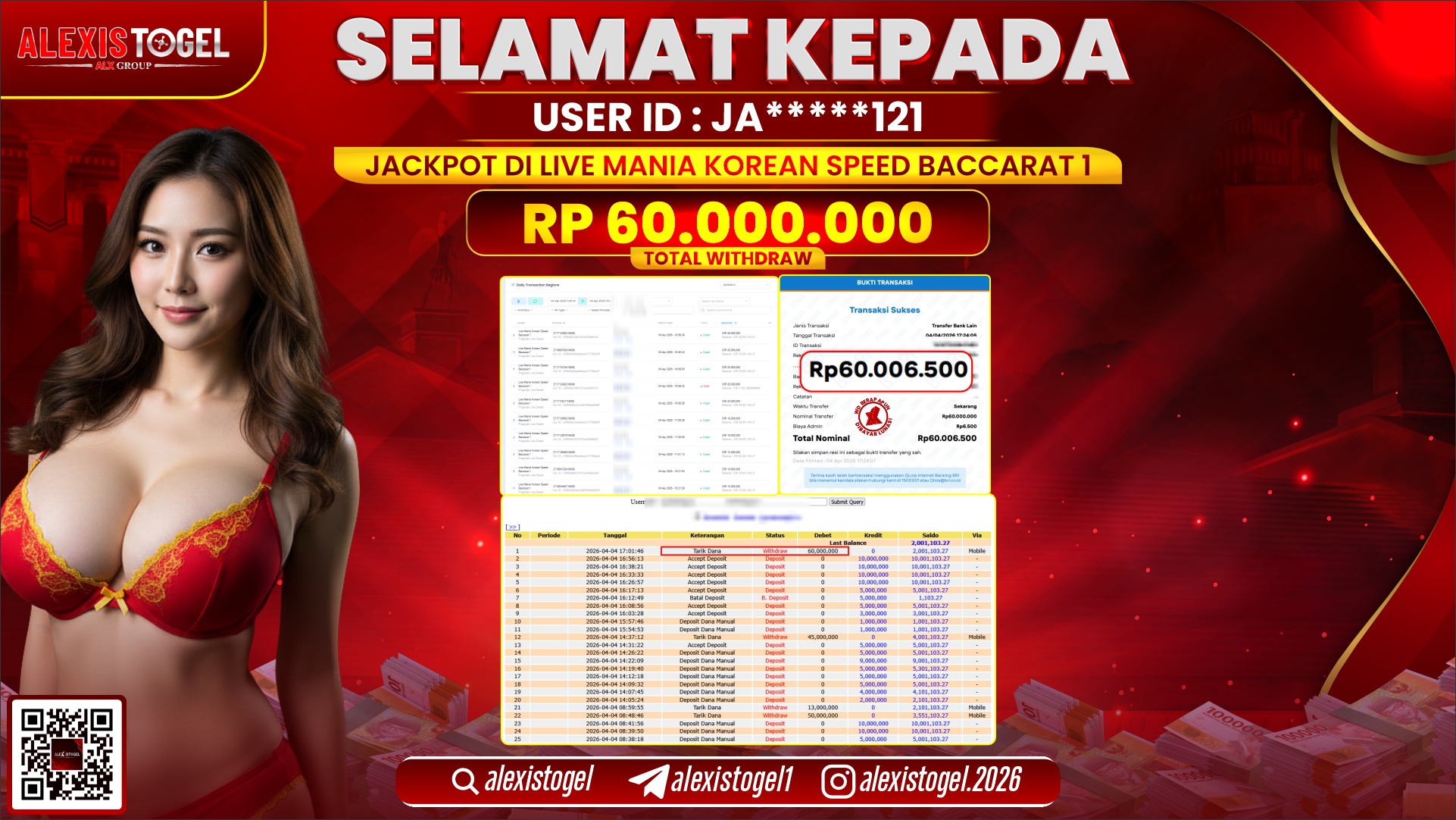 ALEXISTOGEL di Jackpot di LIVE MANIA KOREAN SPEED BACCARAT 1 RP.60.000.000,- LUNAS 