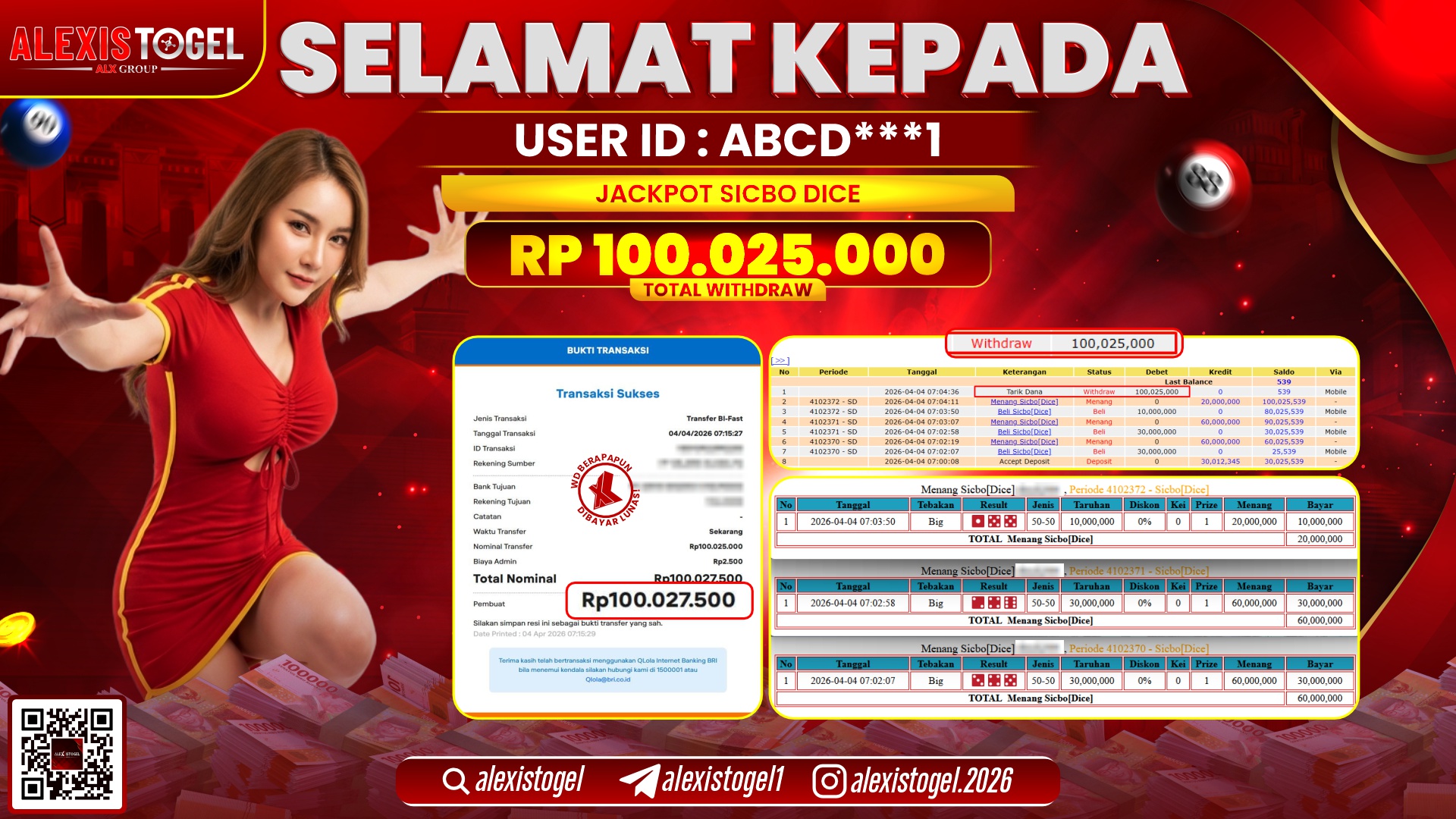 ALEXISTOGEL di Jackpot di CASINO SICBO DICE RP.100.025.000,- LUNAS 