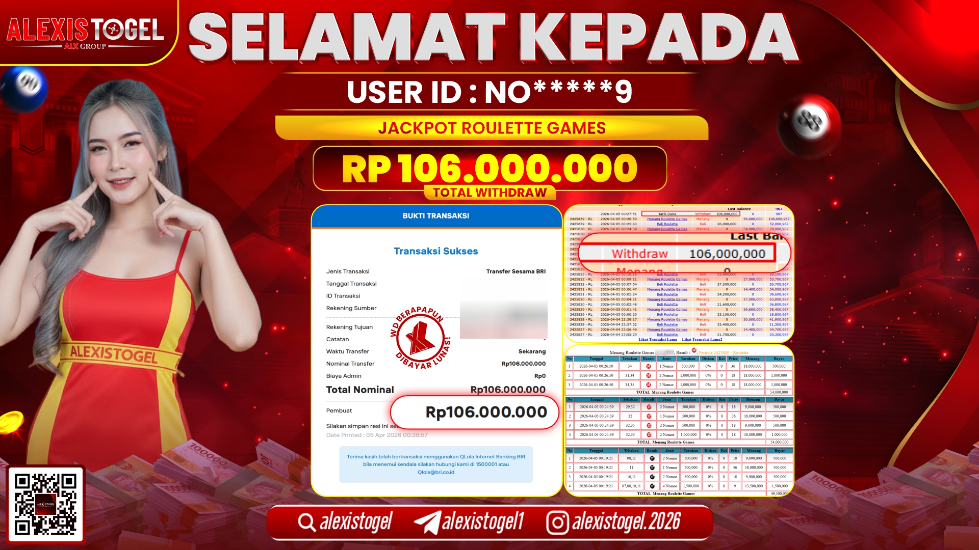ALEXISTOGEL di Jackpot di CASINO GAME ROULETTE RP.106.000.000,- LUNAS 