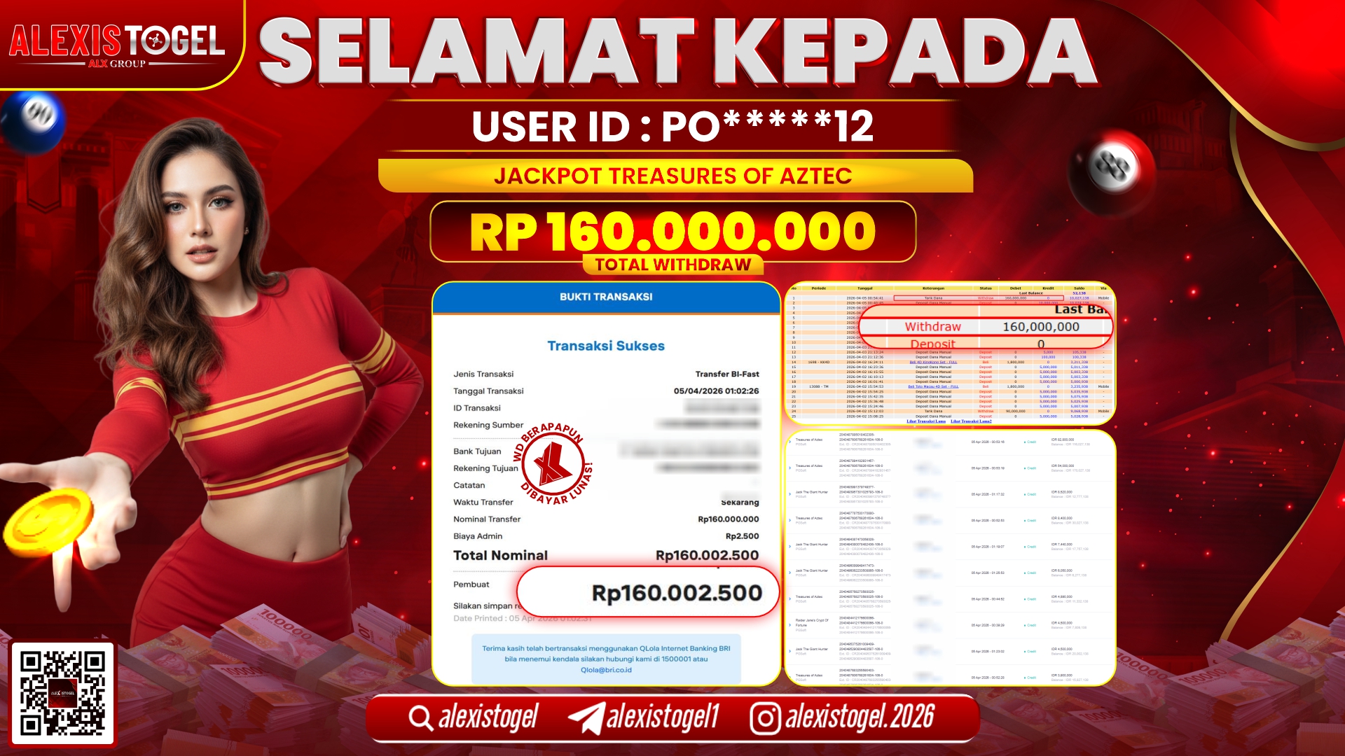 ALEXISTOGEL di Jackpot di SLOT GAME TREASURES OF AZTEC RP.160.000.000,- LUNAS 