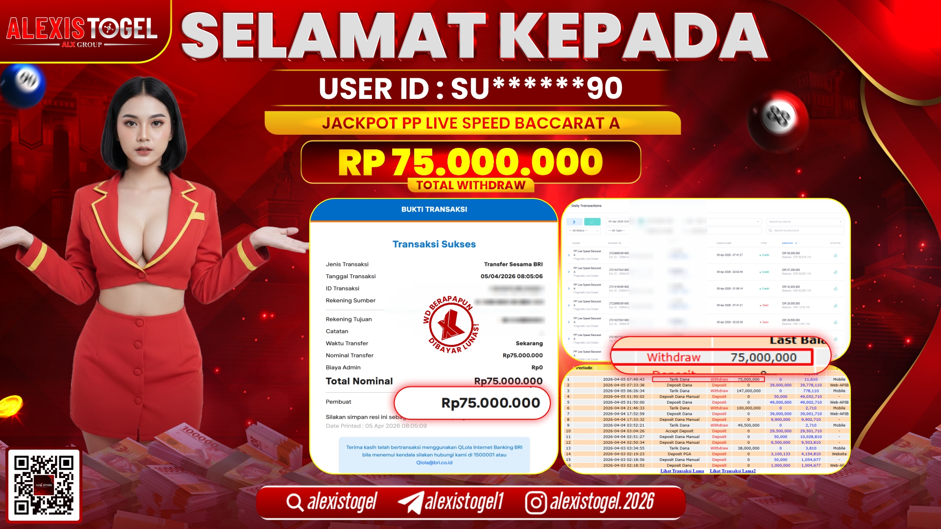 ALEXISTOGEL di Jackpot di PP LIVE GAME SPEED BACCARAT RP.75.000.000,- LUNAS 