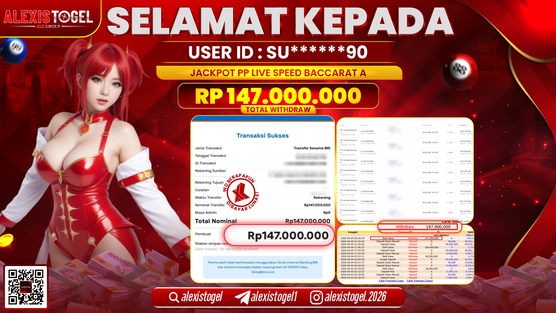 ALEXISTOGEL di Jackpot di PP LIVE GAME SPEED BACCARAT RP.147.000.000,- LUNAS 