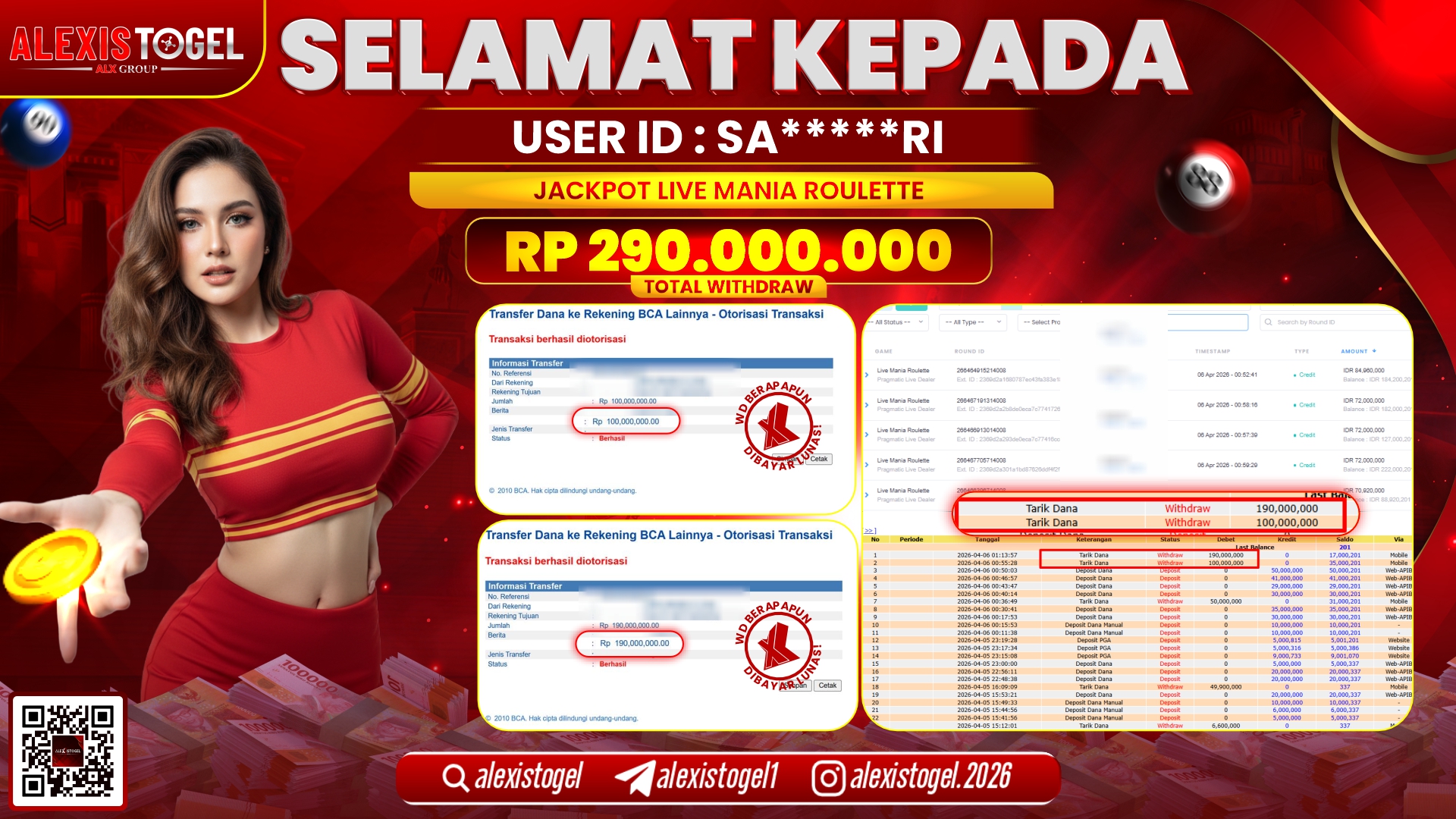 ALEXISTOGEL di Jackpot di LIVE MANIA ROULETTE RP.290.000.000,- LUNAS 