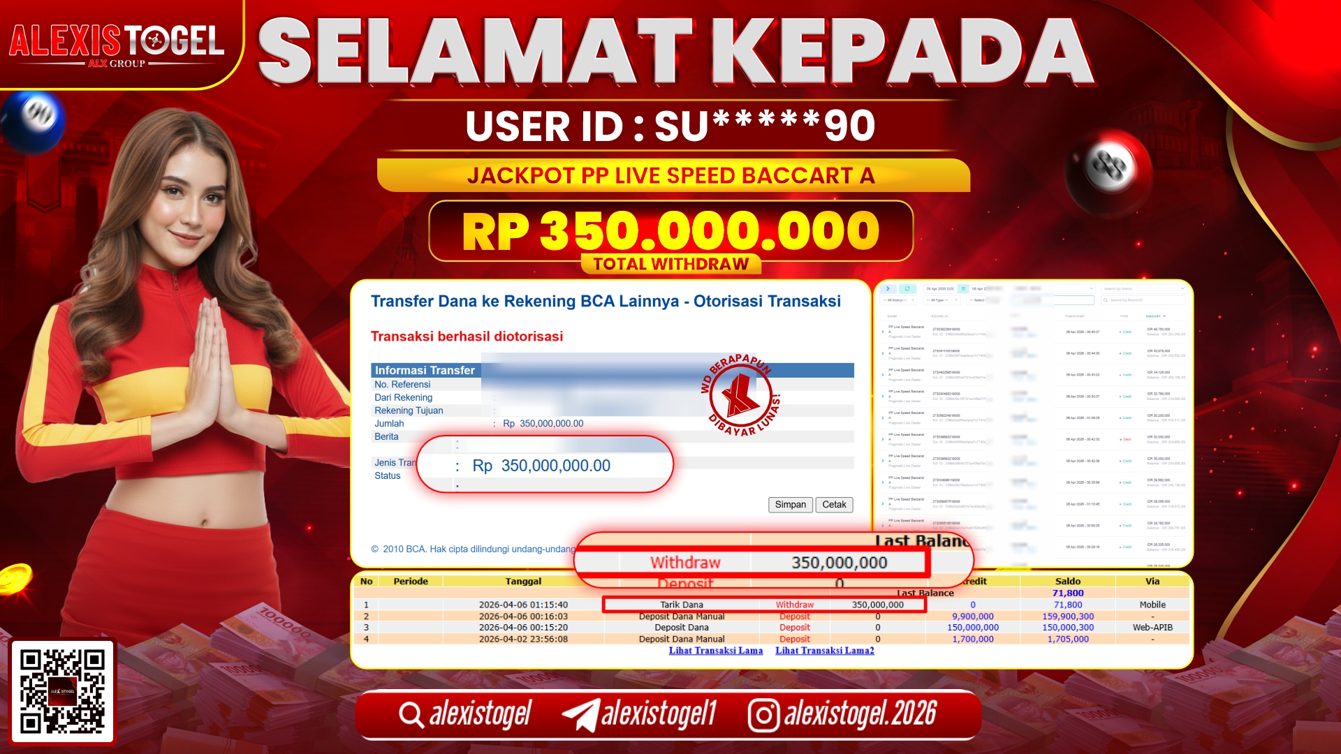 ALEXISTOGEL di Jackpot di PP LIVE SPEED BACCARAT A RP.350.000.000,- LUNAS 