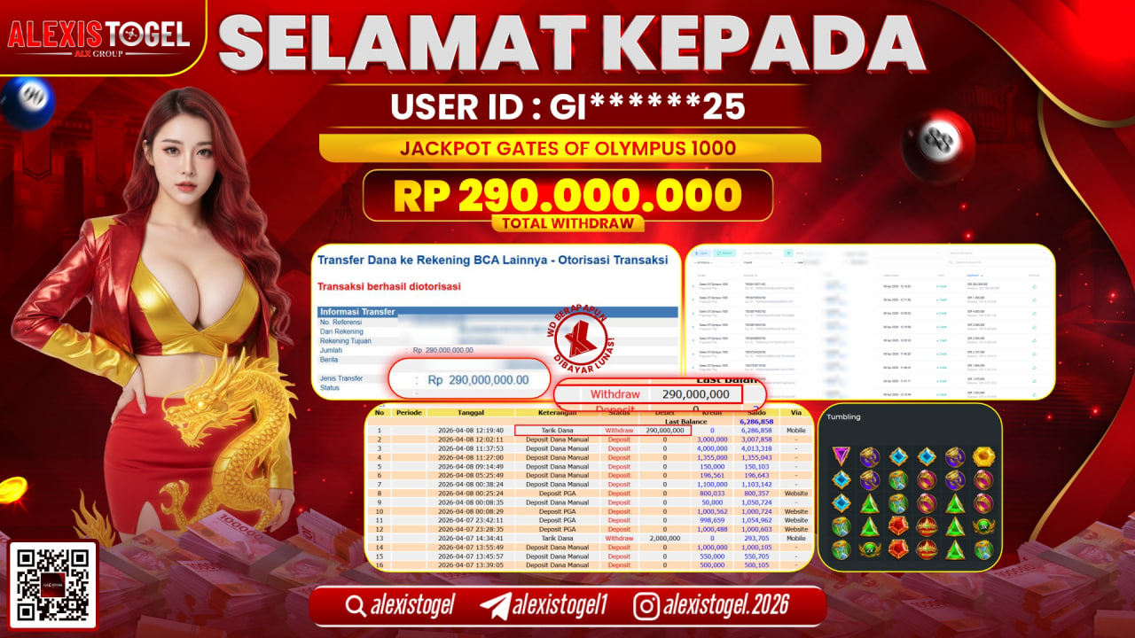ALEXISTOGEL di Jackpot di SLOT GAME GATES OF OLYMPUS 1000 RP.290.000.000,- LUNAS 