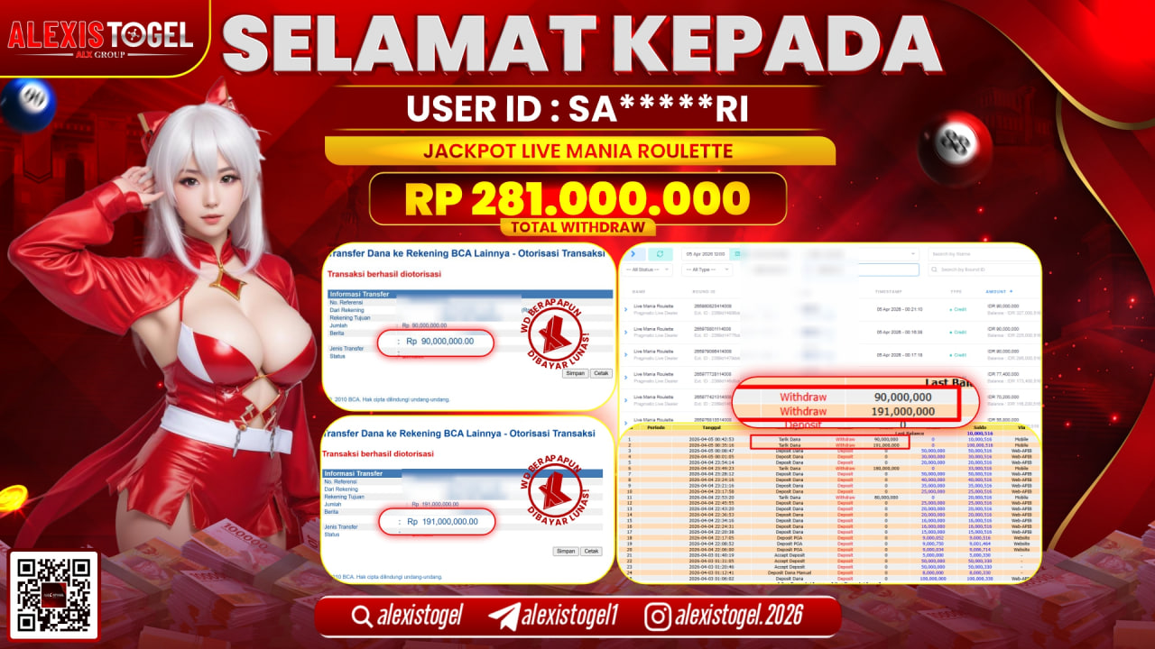ALEXISTOGEL di Jackpot di CASINO LIVE MANIA ROULETTE RP.281.000.000,- LUNAS 