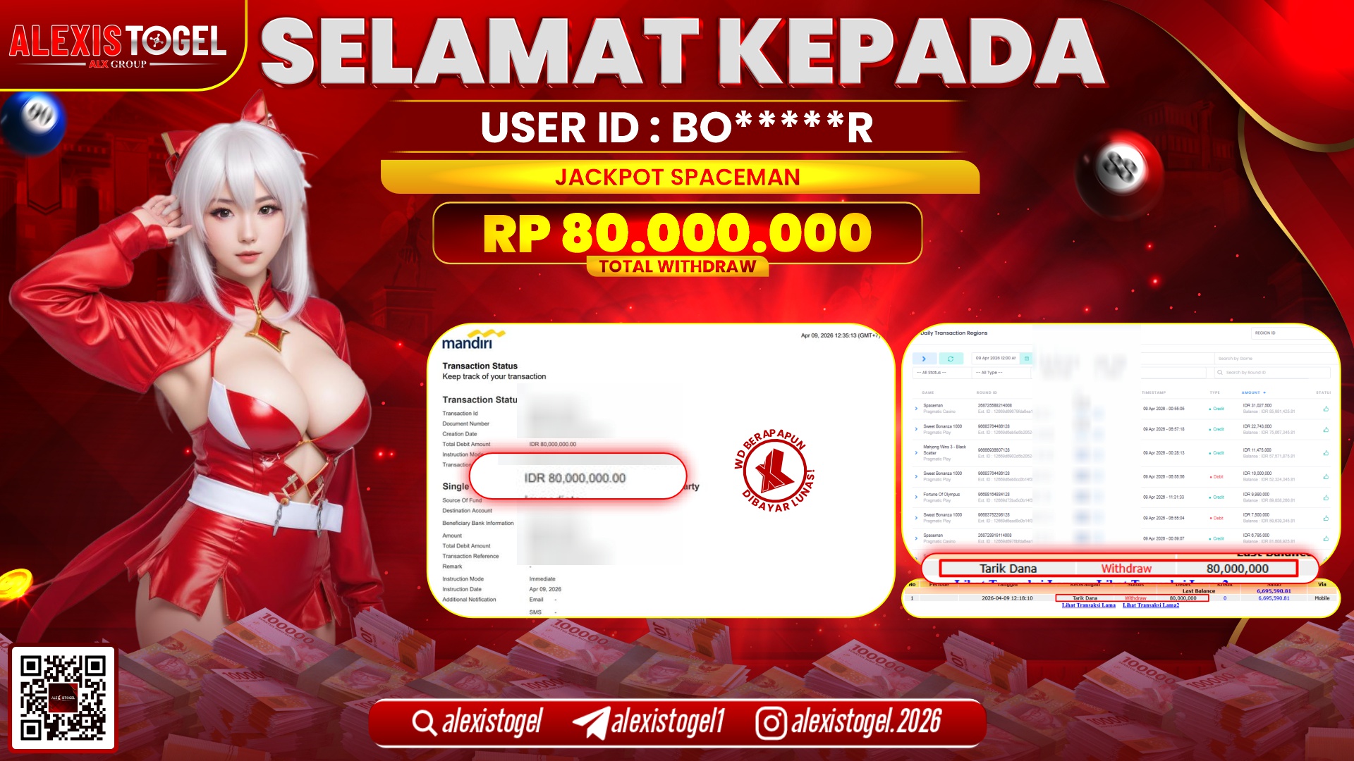 ALEXISTOGEL di Jackpot di SLOT GAME SPACEMAN RP.80.000.000,- LUNAS 