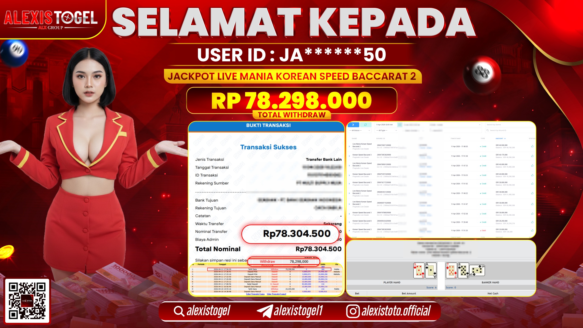 ALEXISTOGEL di Jackpot di LIVE MANIA KOREAN SPEED BACCARAT 2 RP.78.298.000,- LUNAS 