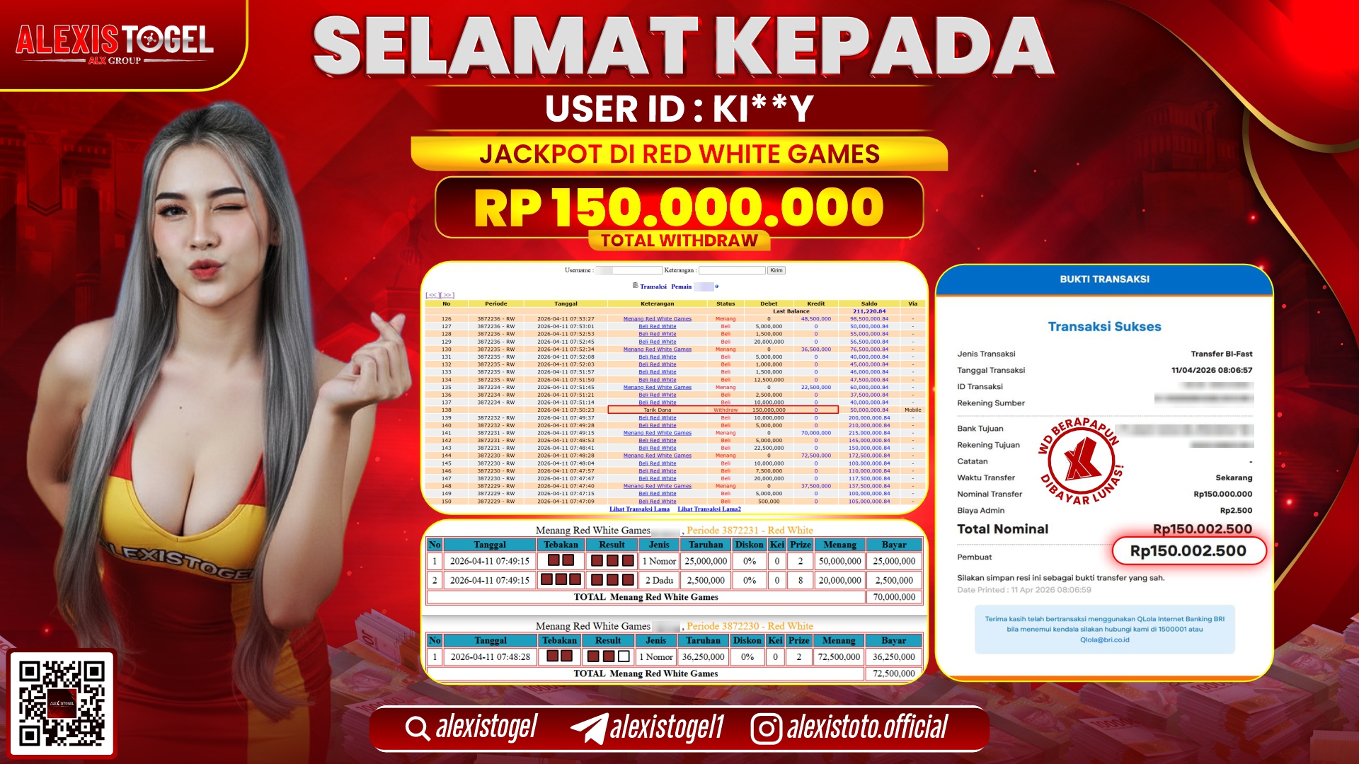 ALEXISTOGEL di Jackpot di CASINO RED WHITE GAMES RP.150.000.000,- LUNAS 