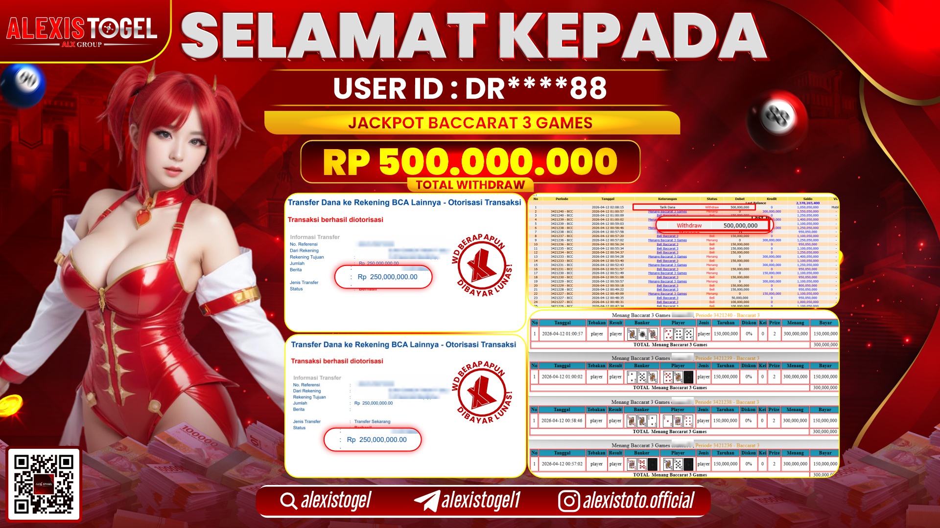 ALEXISTOGEL di Jackpot di CASINO GAME BACCARAT 3 GAMES RP.500.000.000,- LUNAS 