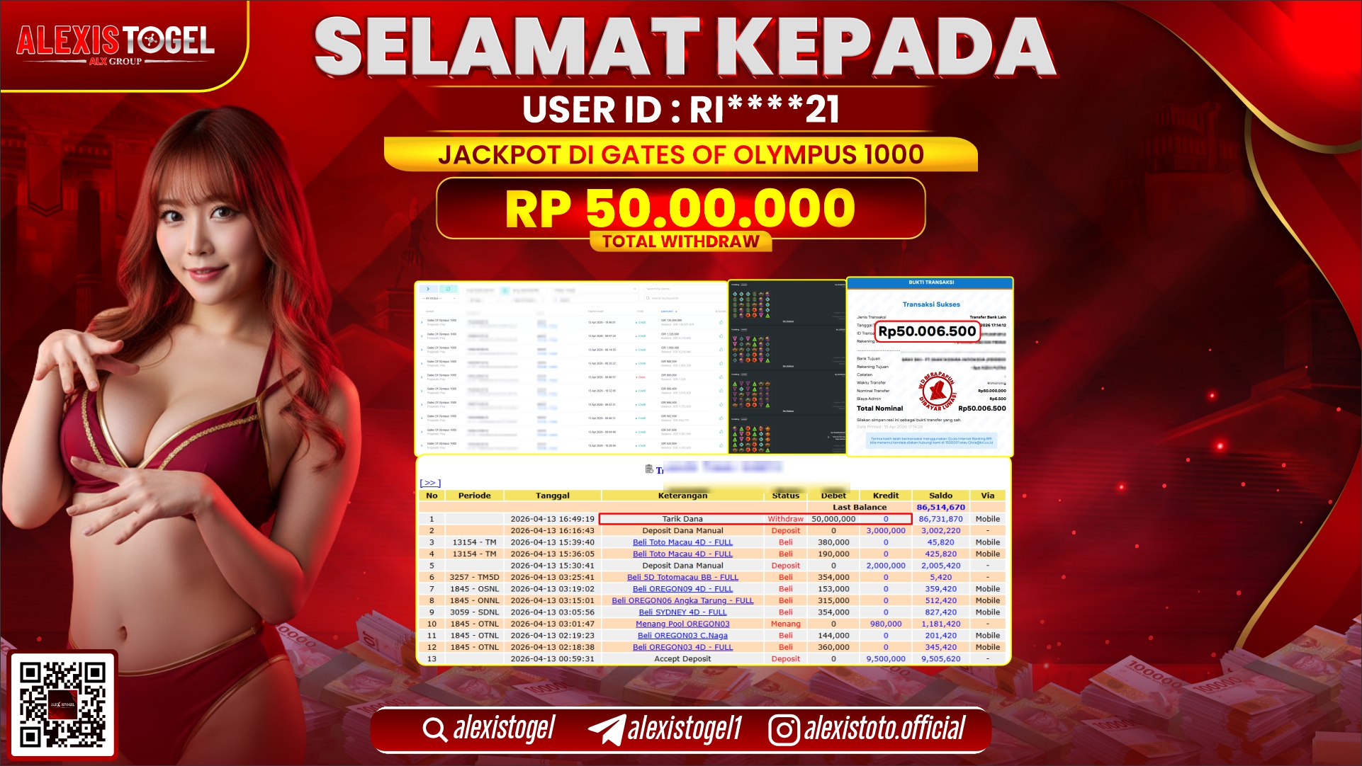 ALEXISTOGEL di Jackpot di SLOT GAME GATES OF OLYMPUS 1000 RP.50.000.000,- LUNAS 