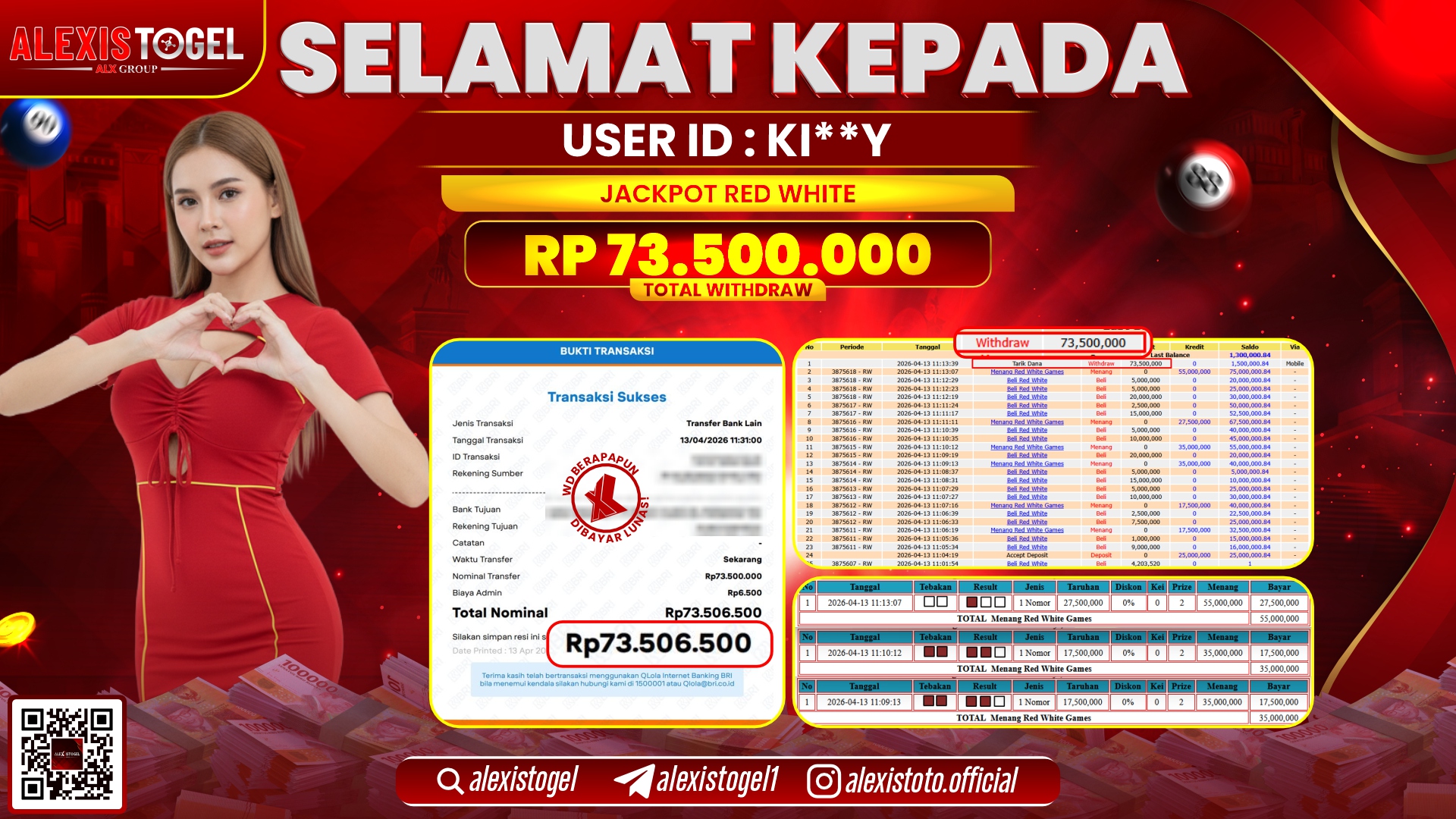 ALEXISTOGEL di Jackpot di CASINO RED WHITE GAMES RP.73.500.000,- LUNAS 
