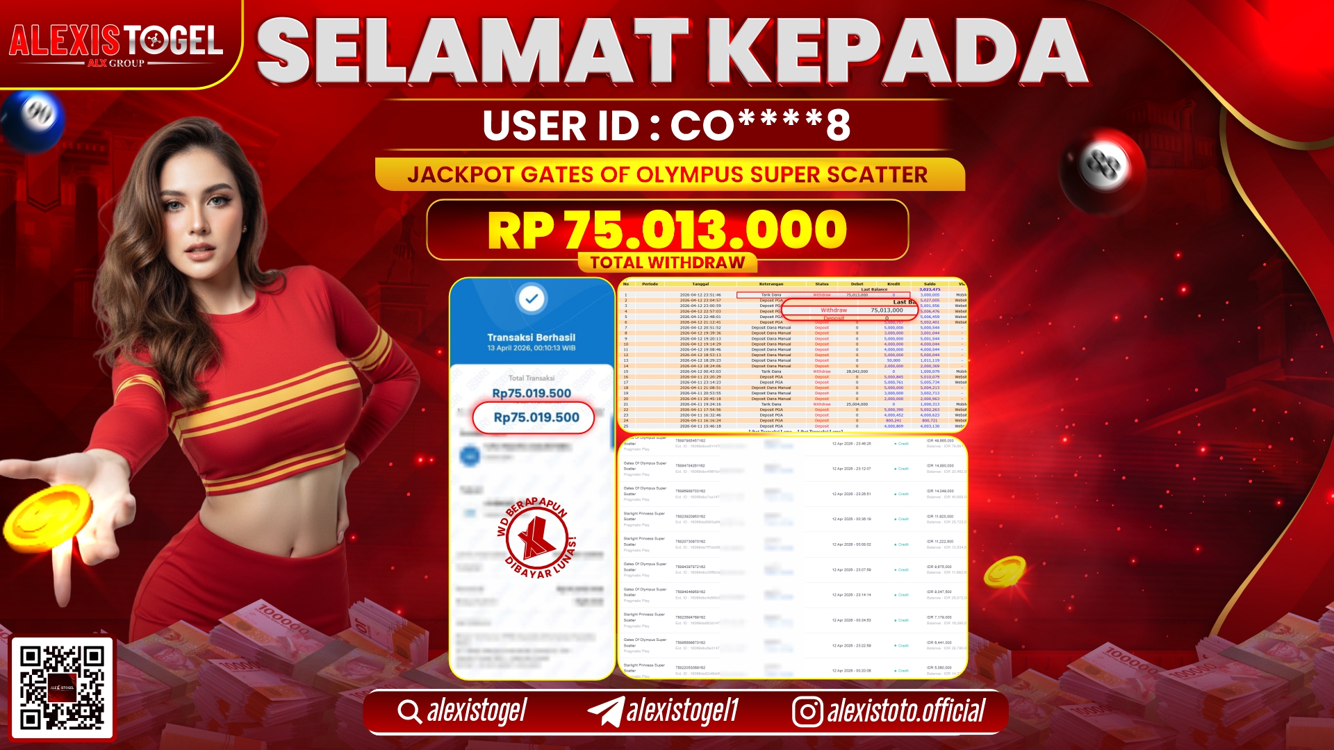 ALEXISTOGEL di Jackpot di SLOT GAME GATES OF OLYMPUS SUPER SCATTER RP.75.013.000,- LUNAS 